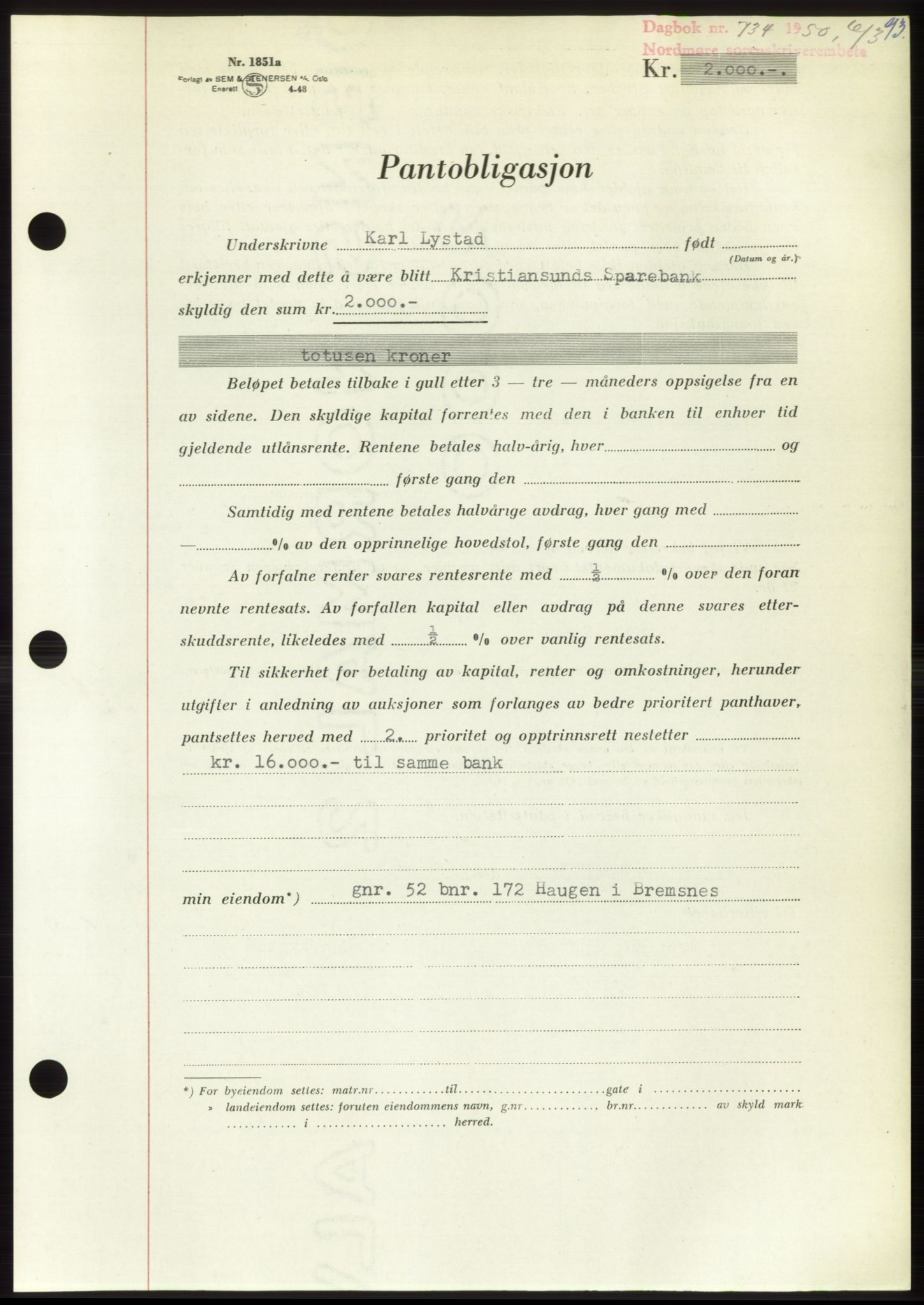 Nordmøre sorenskriveri, AV/SAT-A-4132/1/2/2Ca: Mortgage book no. B104, 1950-1950, Diary no: : 734/1950