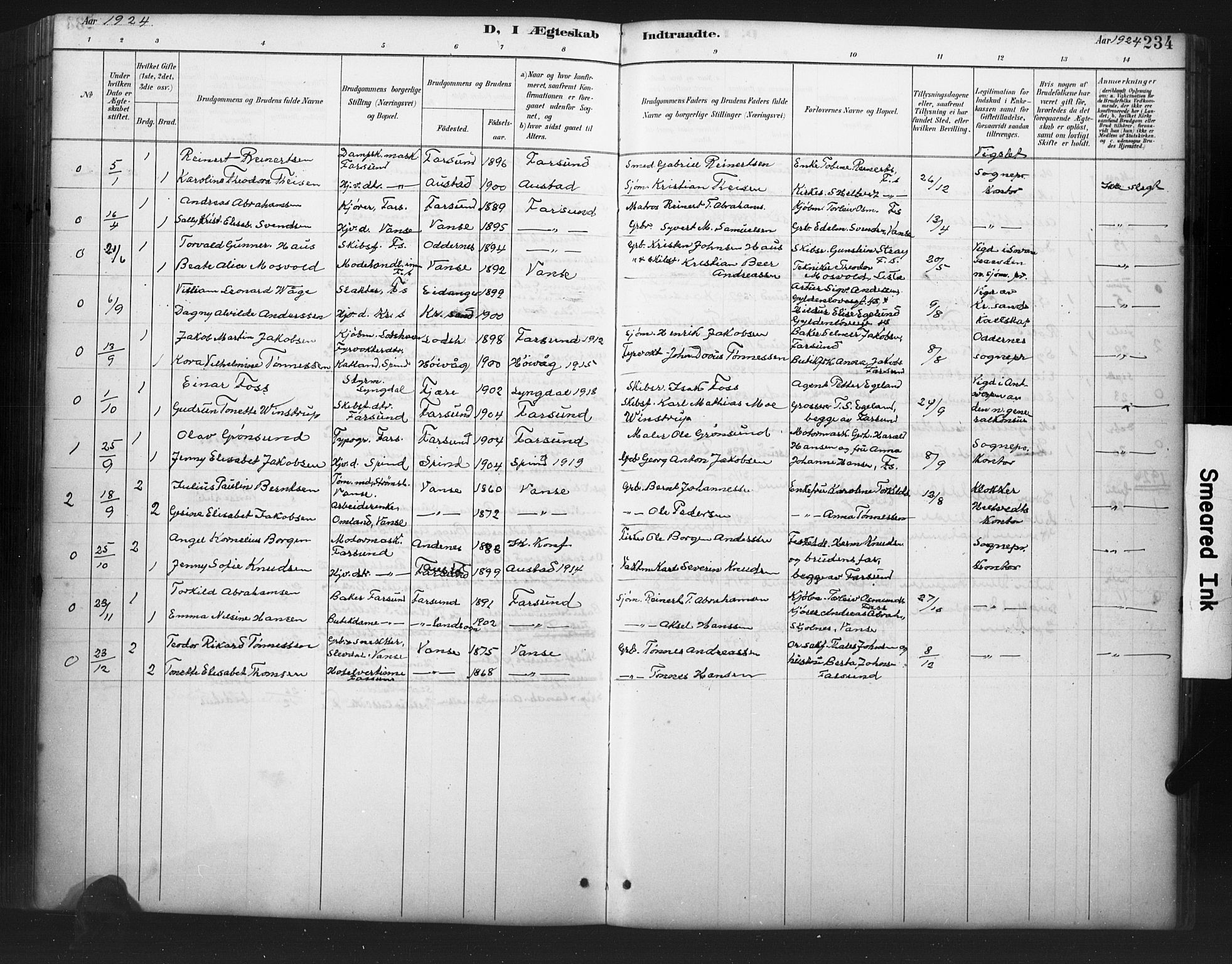 Farsund sokneprestkontor, AV/SAK-1111-0009/F/Fb/L0001: Parish register (copy) no. B 1, 1886-1931, p. 234