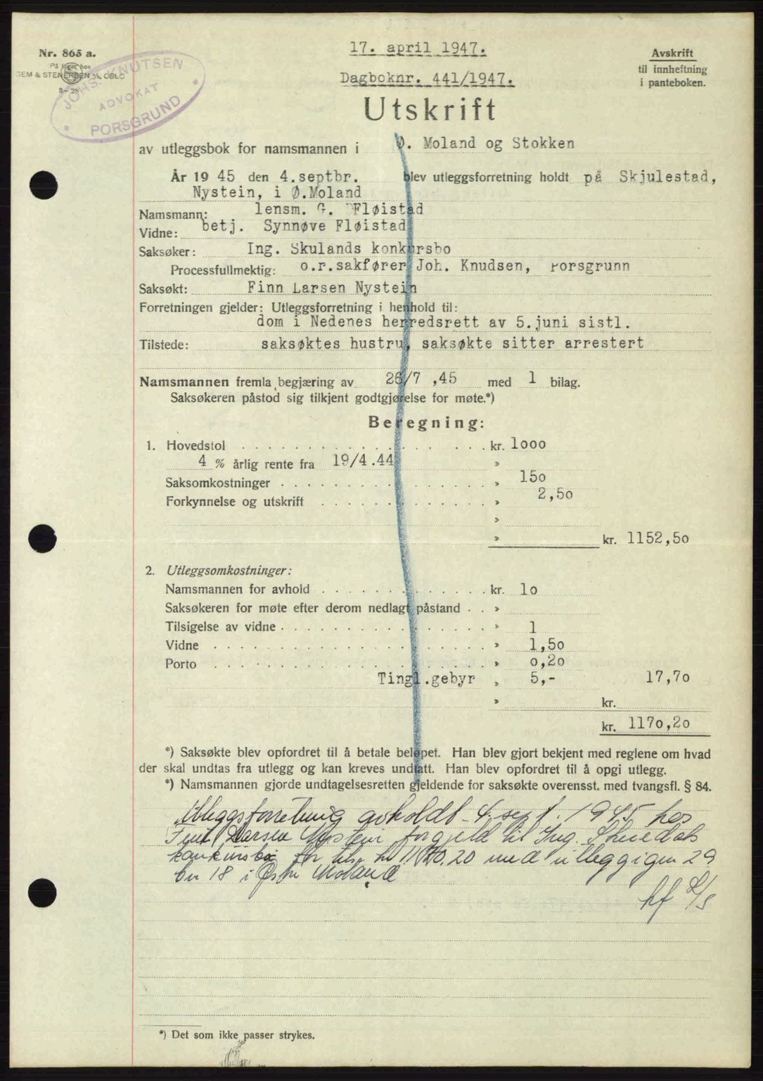 Nedenes sorenskriveri, AV/SAK-1221-0006/G/Gb/Gba/L0057: Mortgage book no. A9, 1947-1947, Diary no: : 441/1947