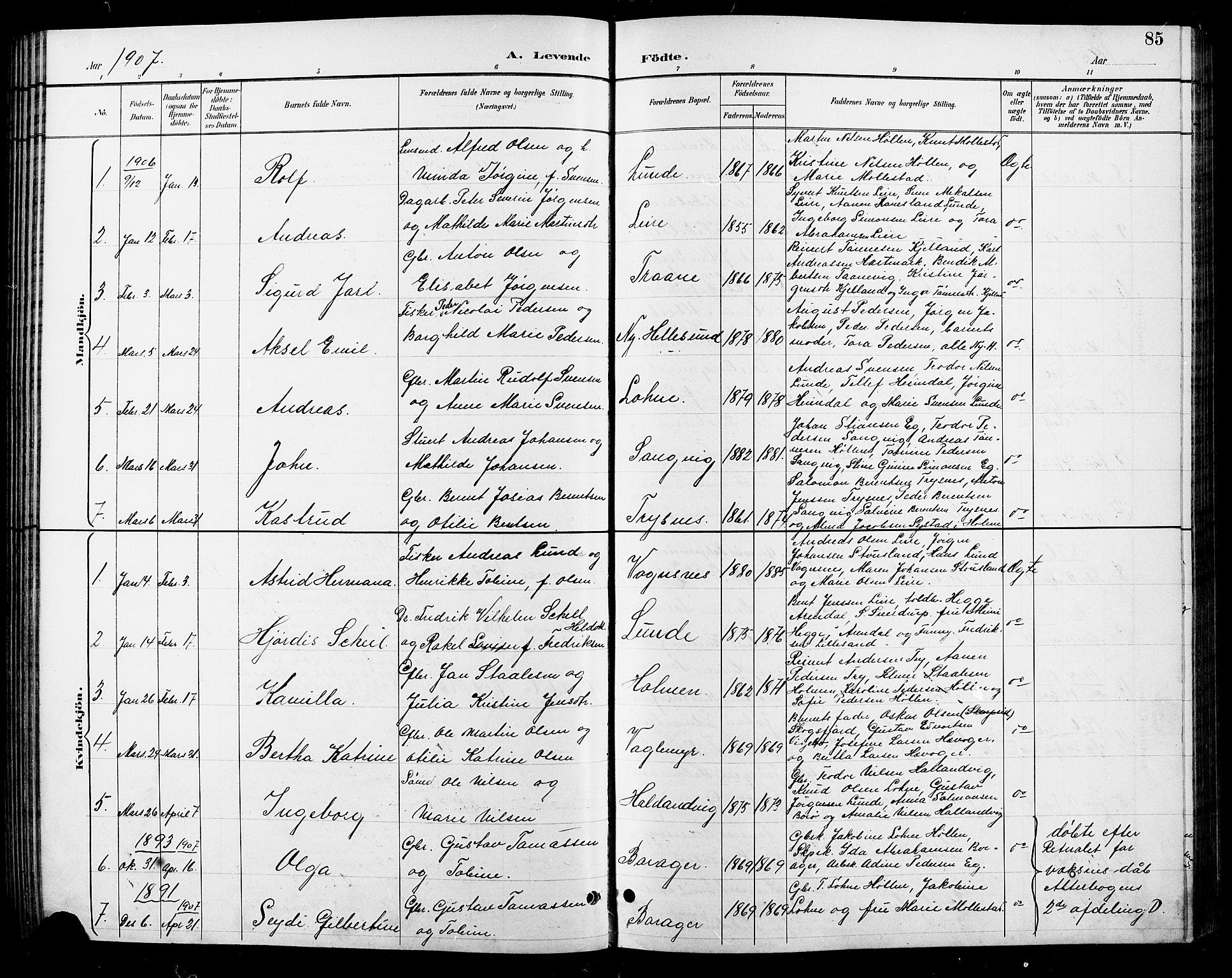 Søgne sokneprestkontor, SAK/1111-0037/F/Fb/Fbb/L0006: Parish register (copy) no. B 6, 1892-1911, p. 85