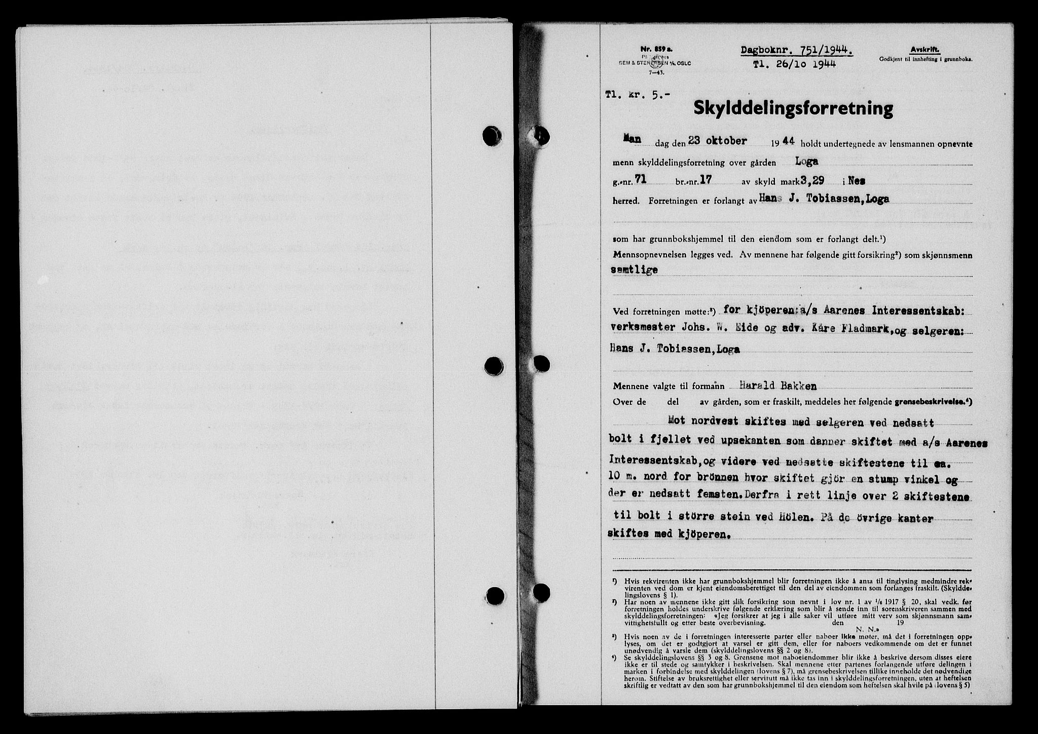 Flekkefjord sorenskriveri, SAK/1221-0001/G/Gb/Gba/L0059: Mortgage book no. A-7, 1944-1945, Diary no: : 751/1944