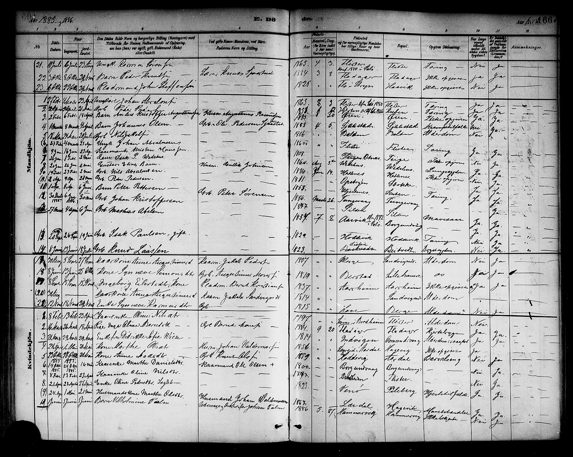 Selje sokneprestembete, SAB/A-99938/H/Ha/Haa/Haab: Parish register (official) no. B 1, 1881-1890, p. 166