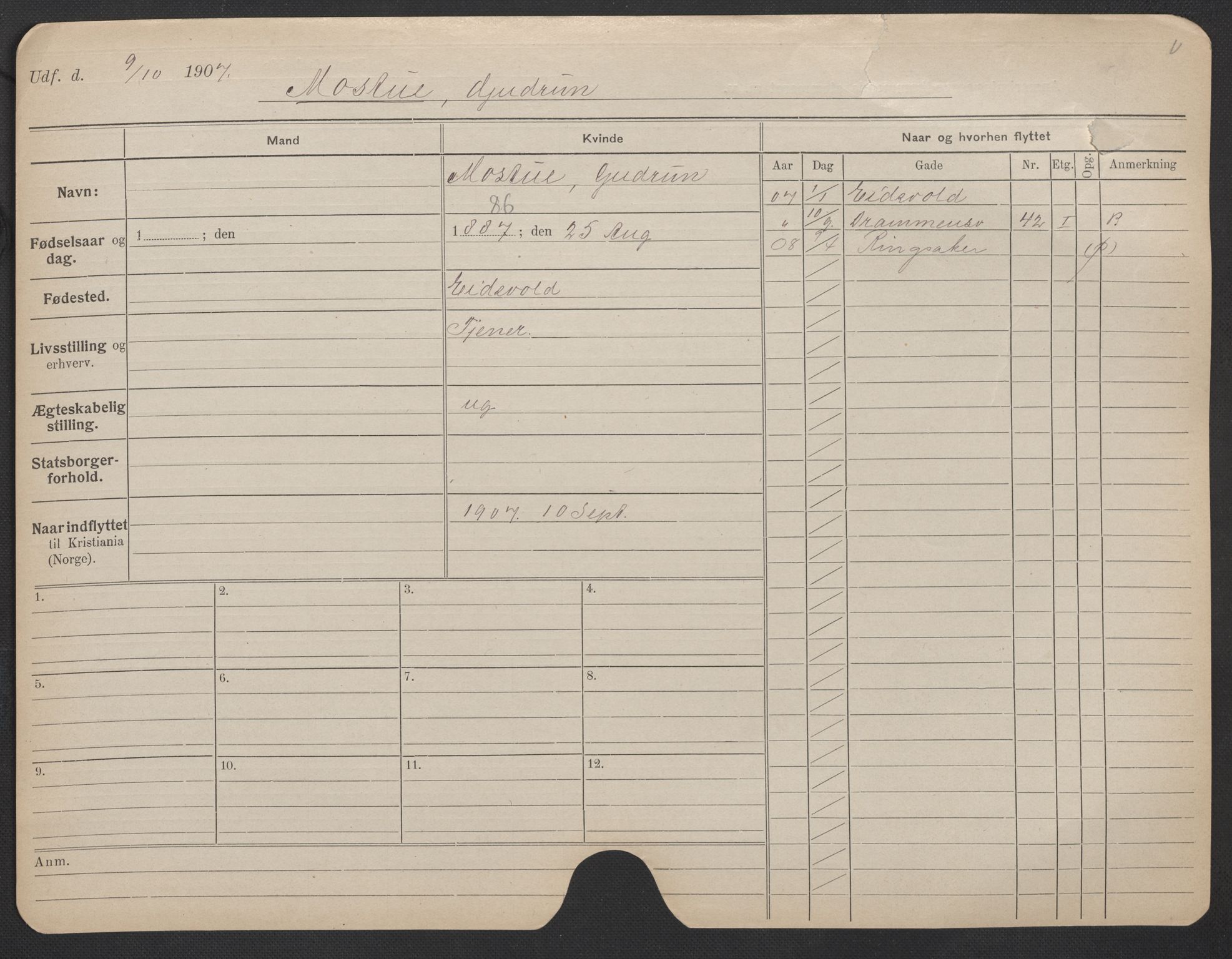 Oslo folkeregister, Registerkort, AV/SAO-A-11715/F/Fa/Fac/L0020: Kvinner, 1906-1914, p. 1083a