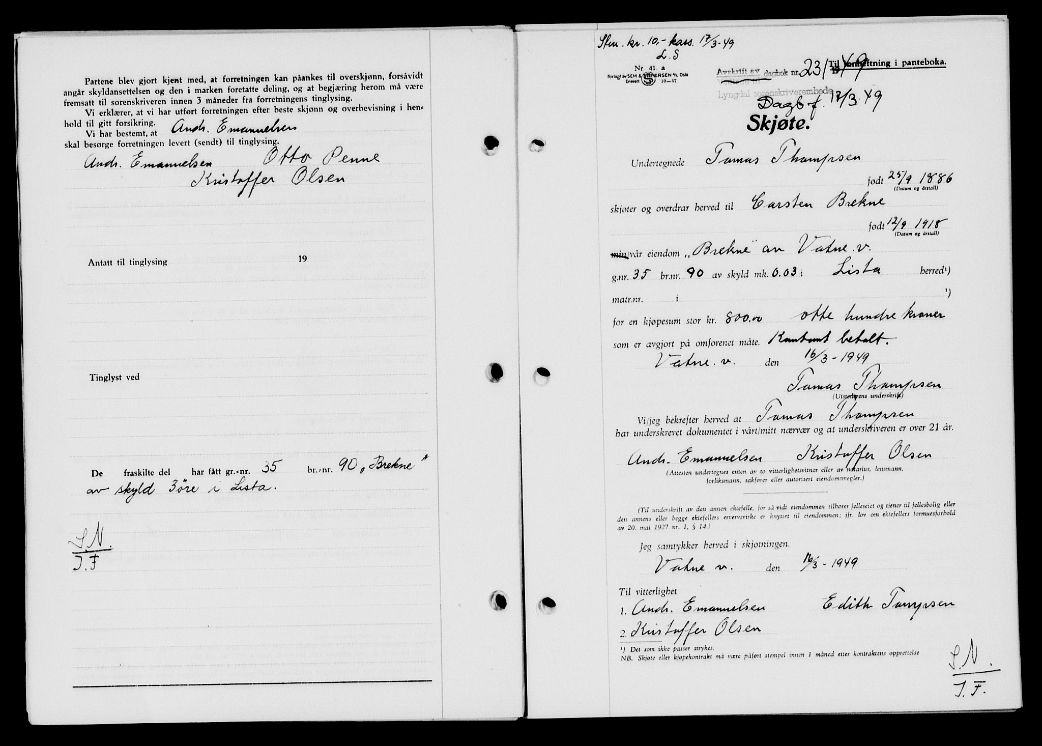 Lyngdal sorenskriveri, AV/SAK-1221-0004/G/Gb/L0663: Mortgage book no. A IX, 1948-1949, Diary no: : 231/1949