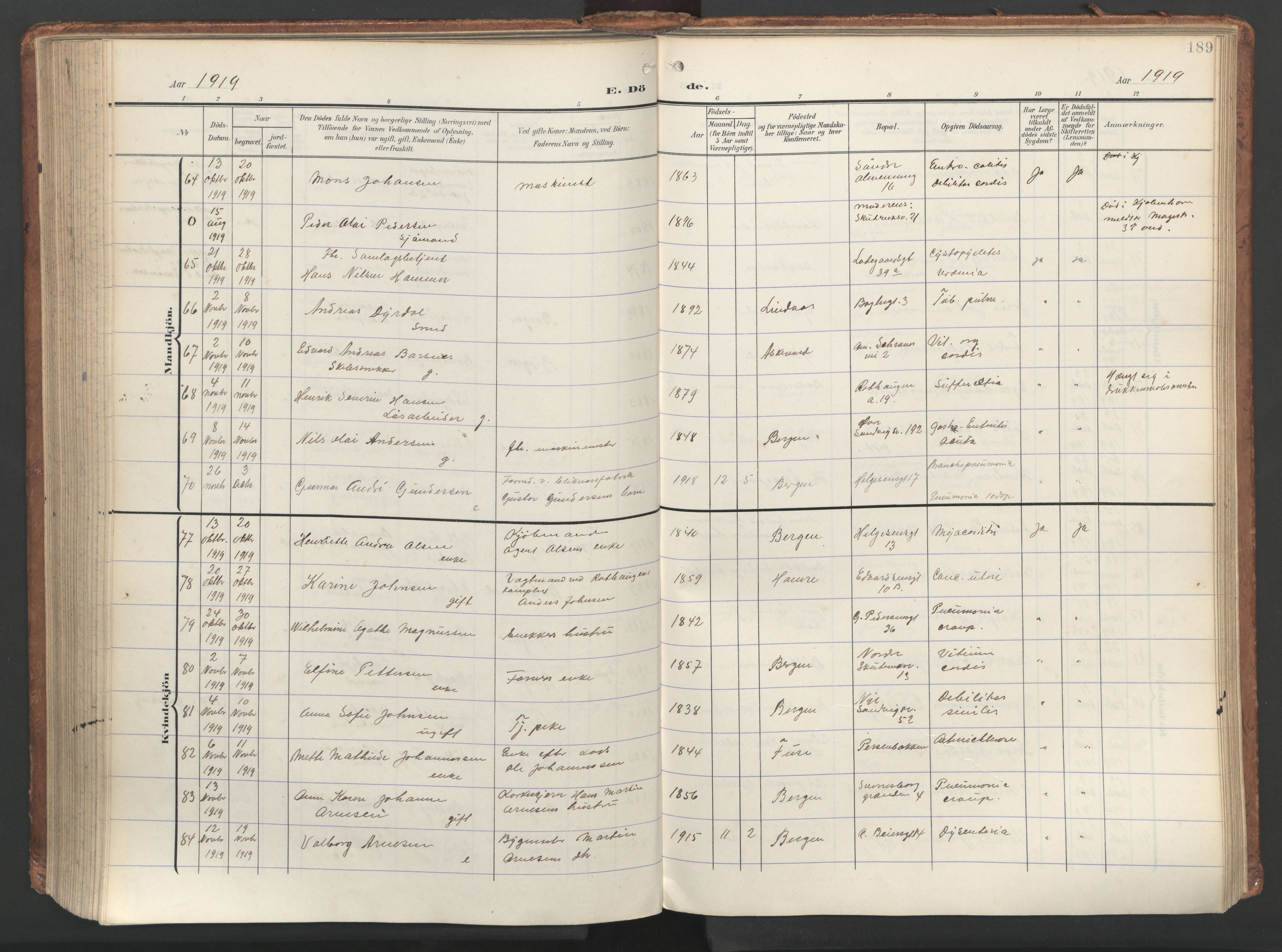 Sandviken Sokneprestembete, AV/SAB-A-77601/H/Ha/L0019: Parish register (official) no. E 2, 1905-1933, p. 189