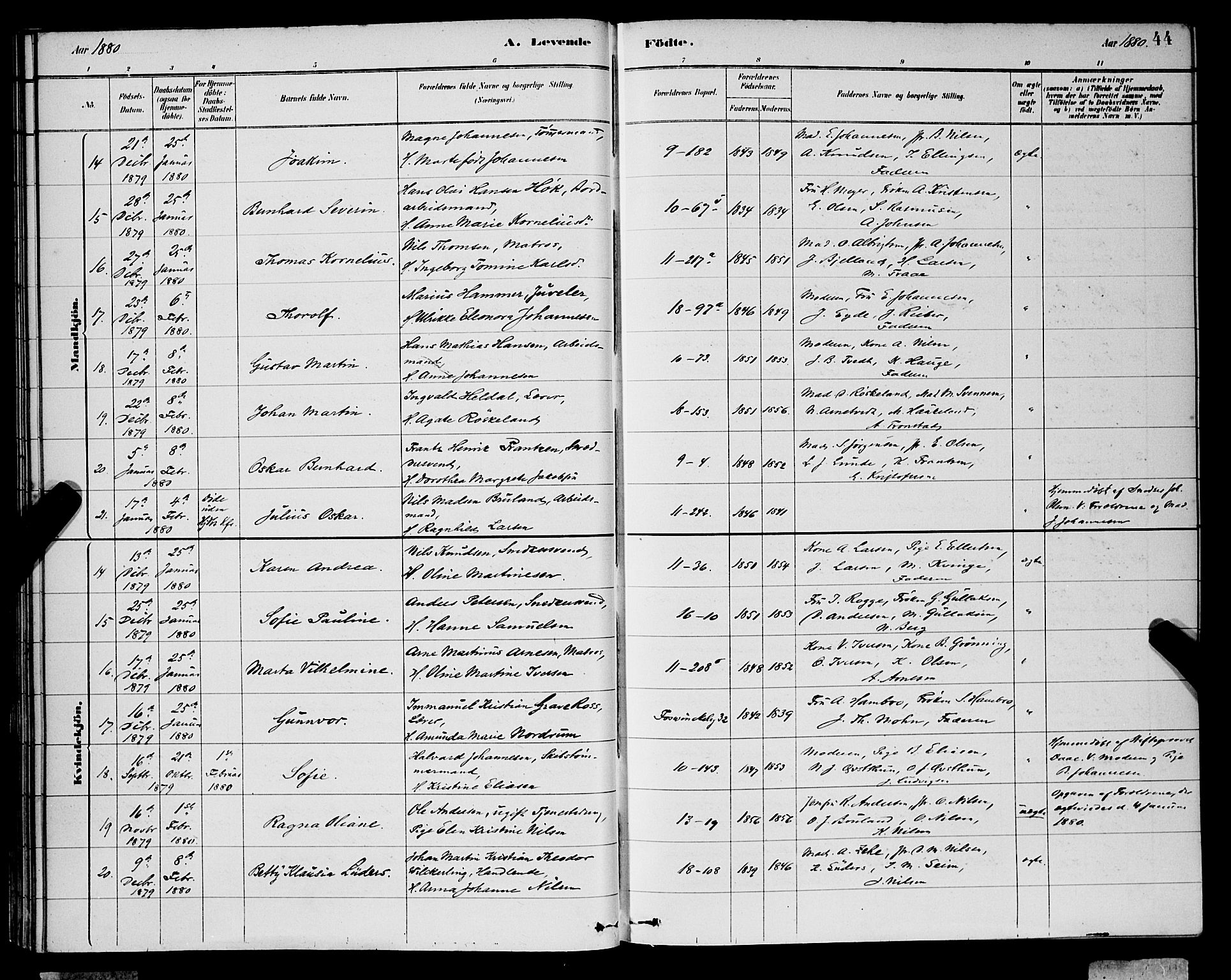 Domkirken sokneprestembete, SAB/A-74801/H/Hab/L0015: Parish register (copy) no. B 8, 1879-1887, p. 44