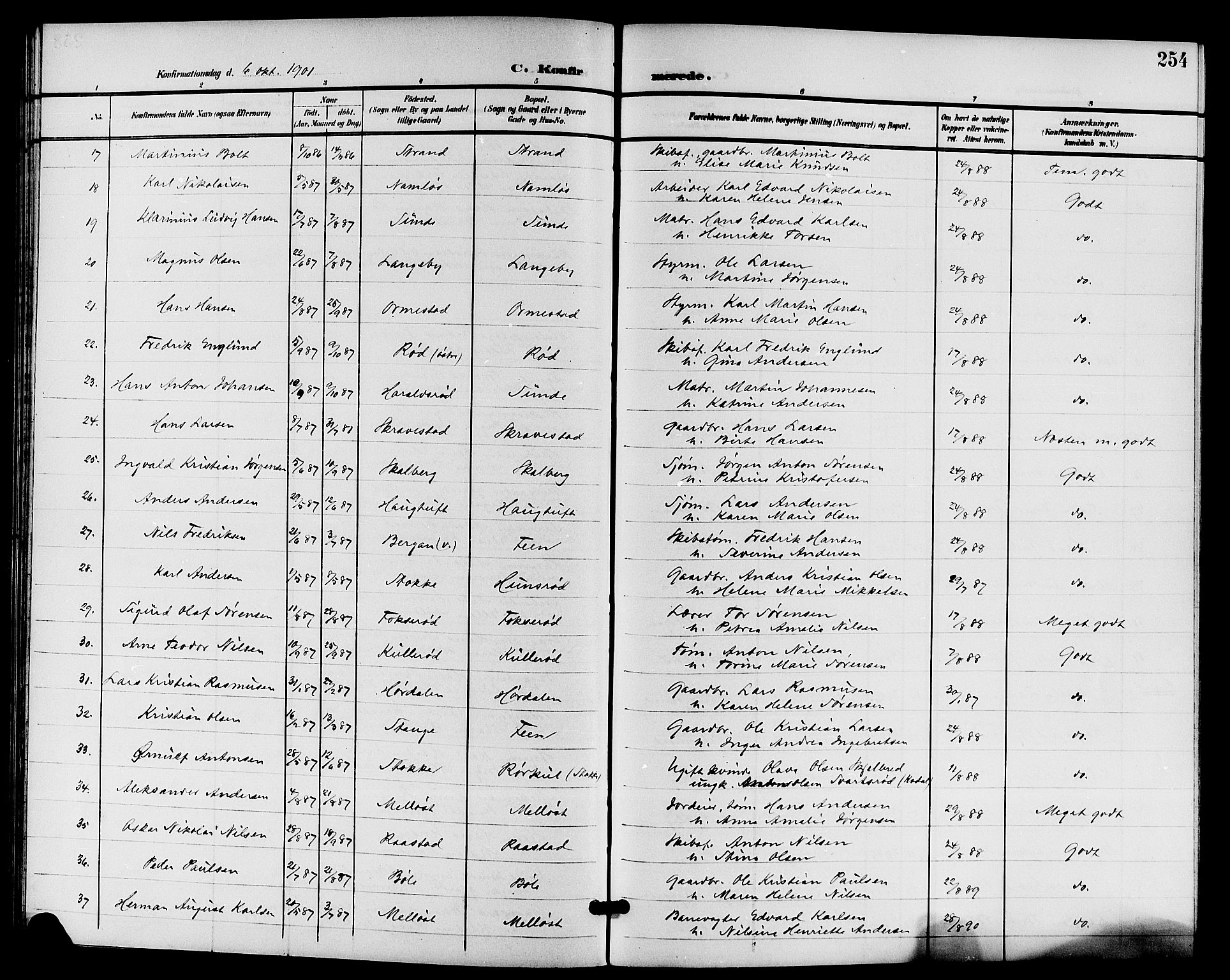 Sandar kirkebøker, AV/SAKO-A-243/G/Ga/L0002: Parish register (copy) no. 2, 1900-1915, p. 254