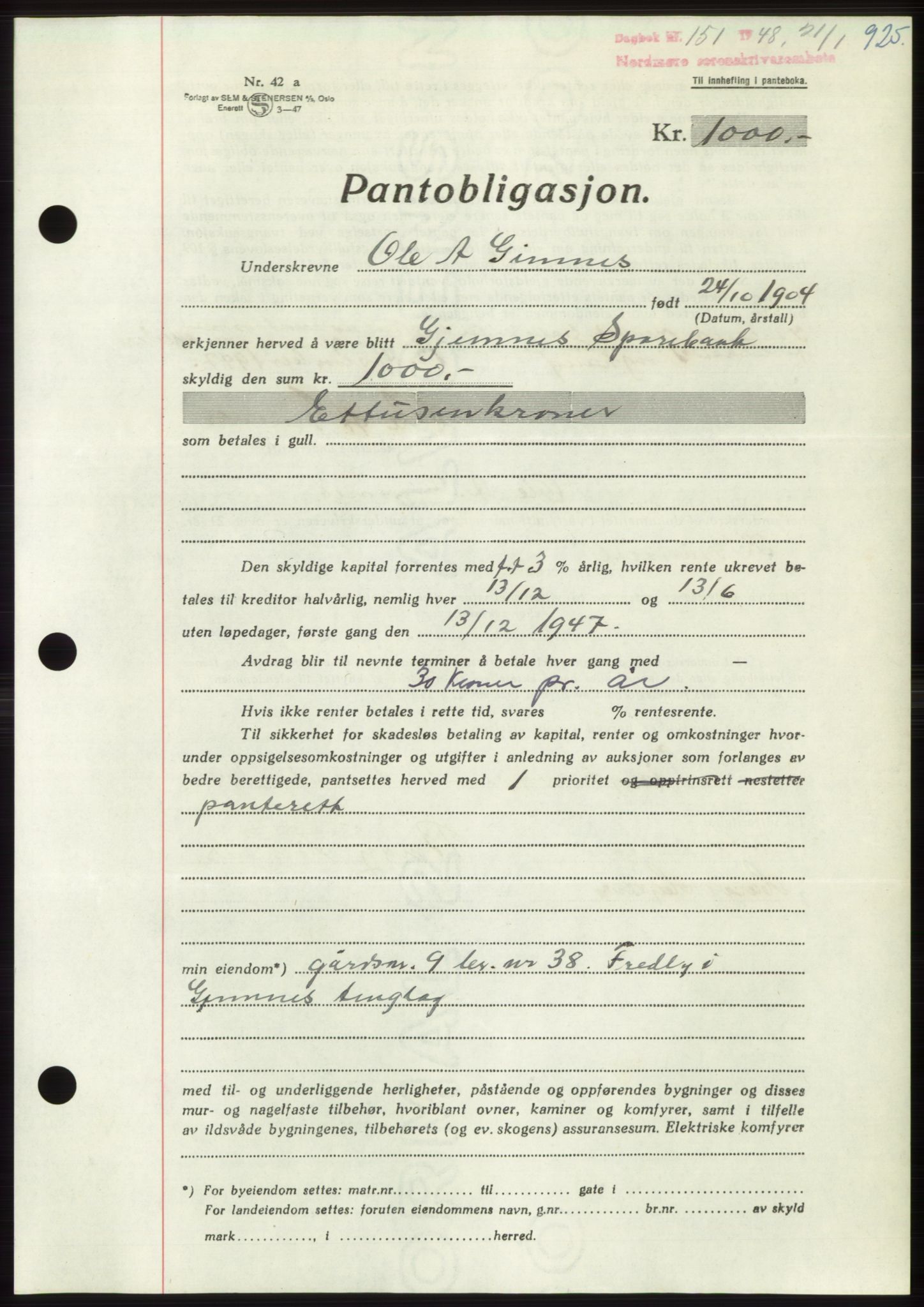 Nordmøre sorenskriveri, AV/SAT-A-4132/1/2/2Ca: Mortgage book no. B97, 1947-1948, Diary no: : 151/1948