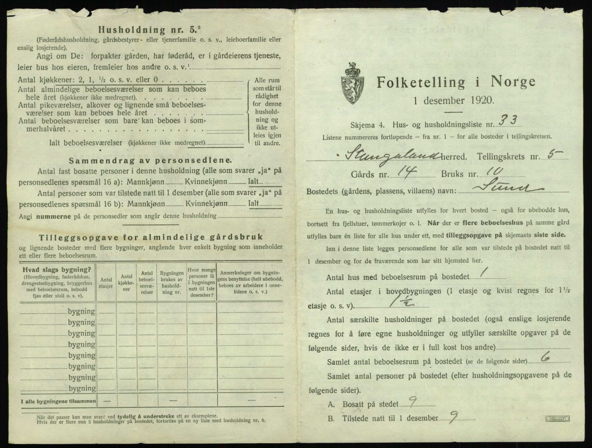 SAST, 1920 census for Stangaland, 1920, p. 581