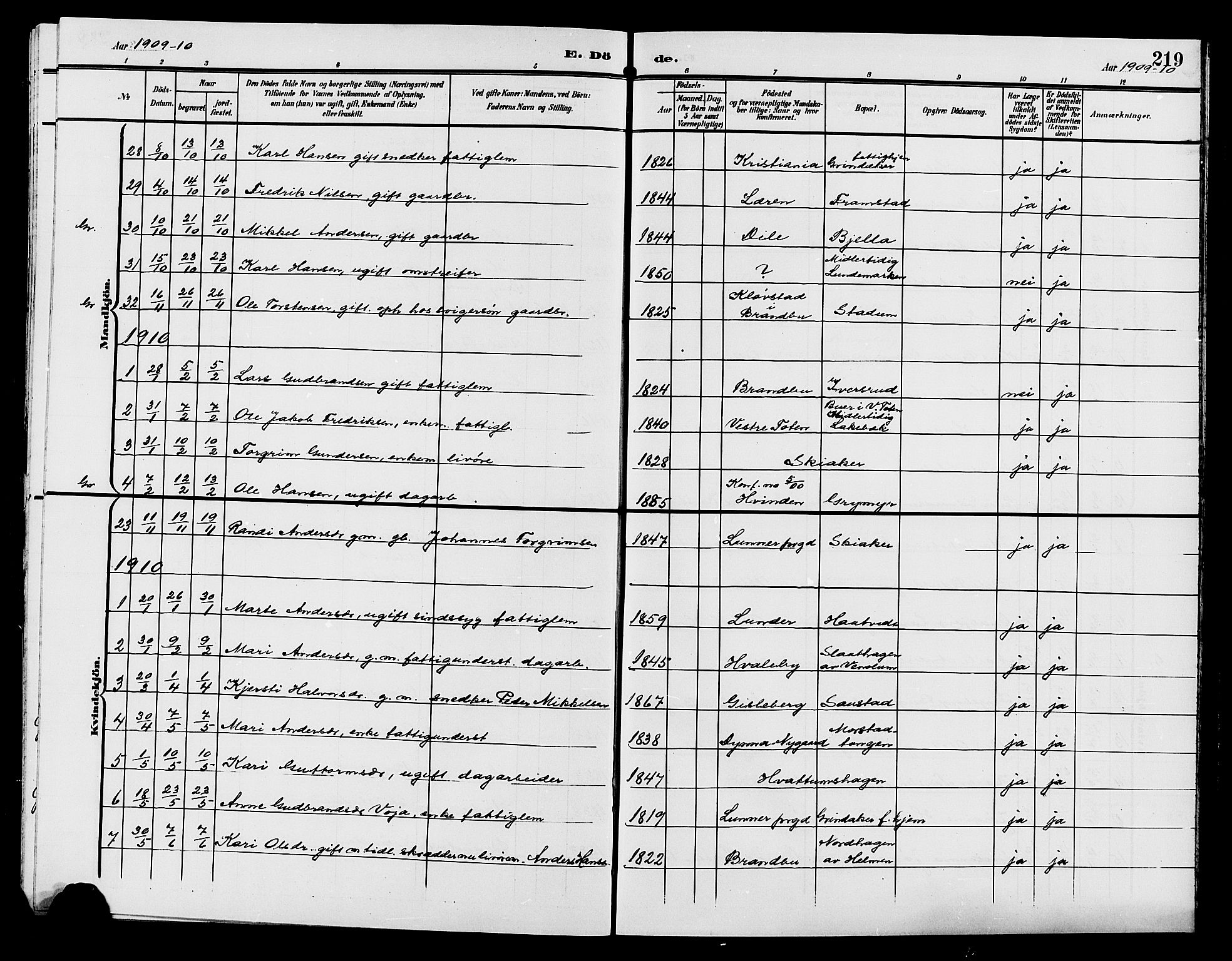 Gran prestekontor, AV/SAH-PREST-112/H/Ha/Hab/L0006: Parish register (copy) no. 6, 1901-1911, p. 219