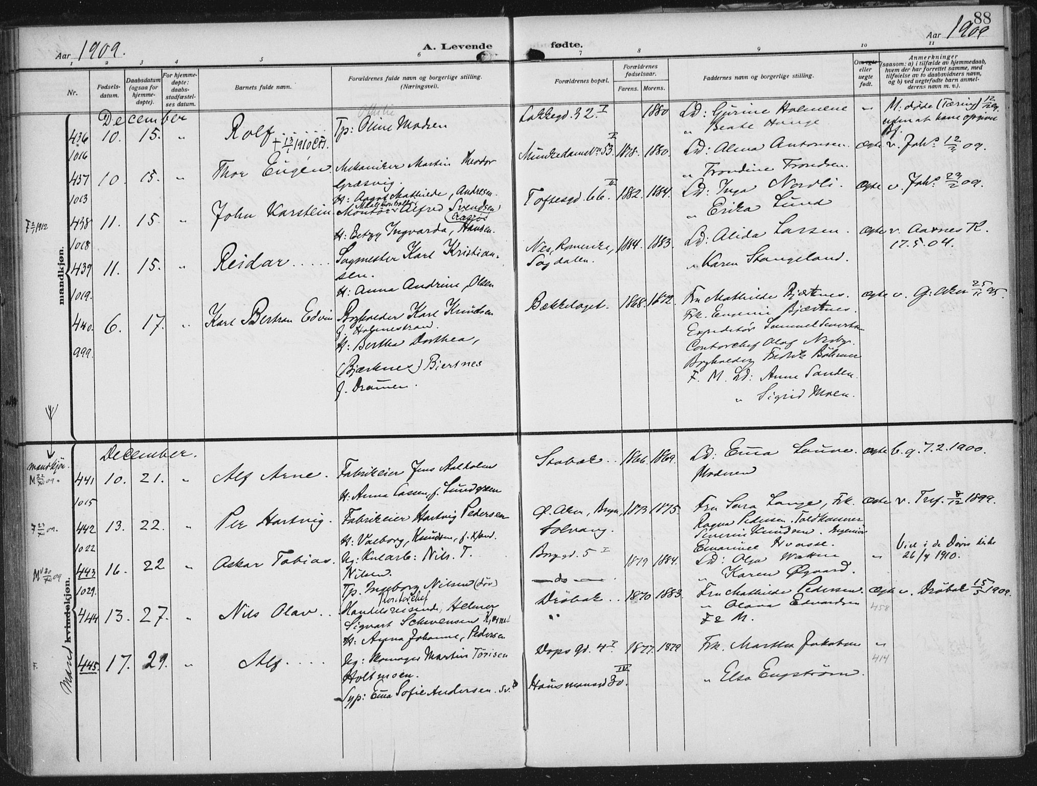 Rikshospitalet prestekontor Kirkebøker, AV/SAO-A-10309b/F/L0014: Parish register (official) no. 14, 1909-1912, p. 88