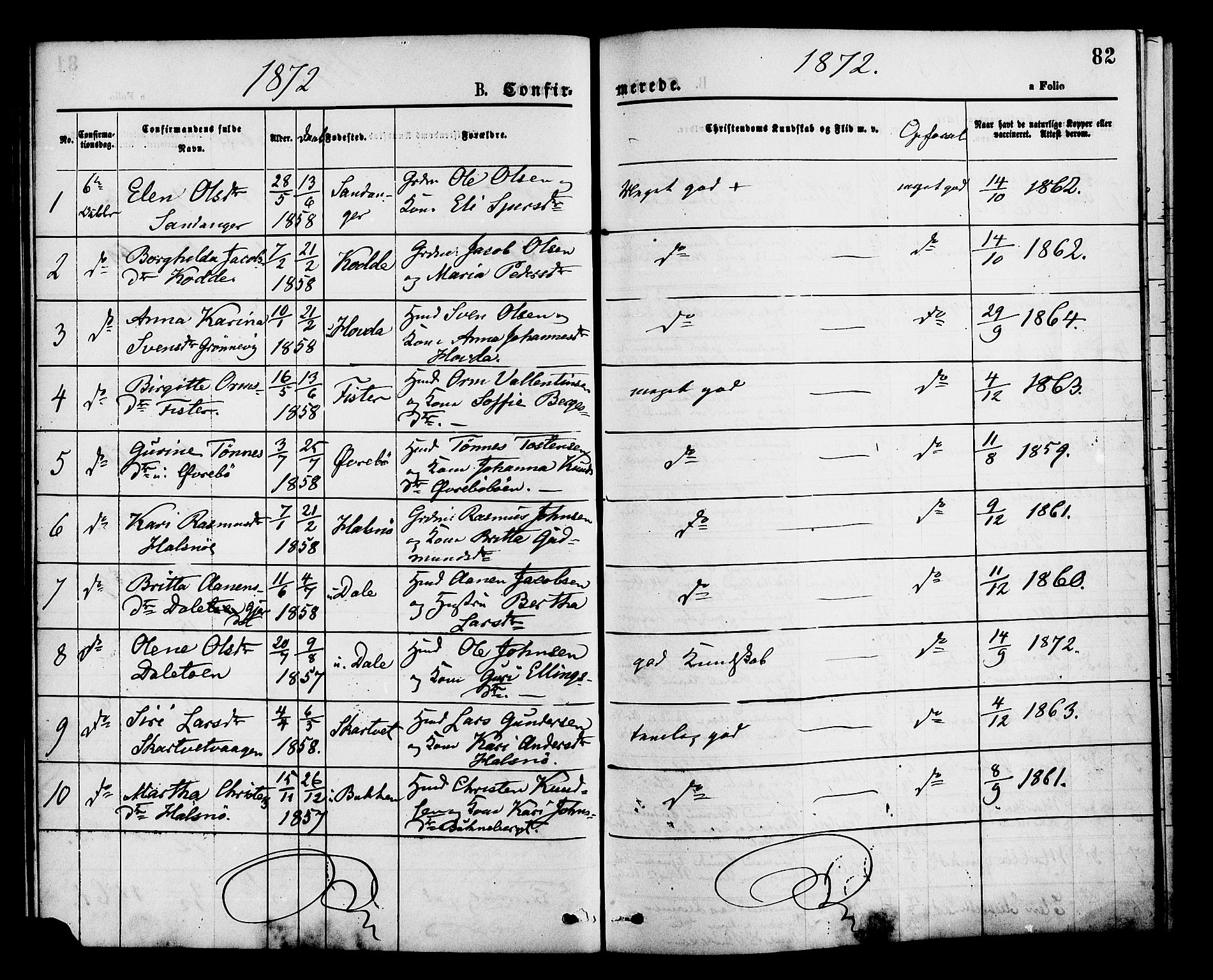 Hjelmeland sokneprestkontor, SAST/A-101843/01/IV/L0013: Parish register (official) no. A 13, 1872-1886, p. 82