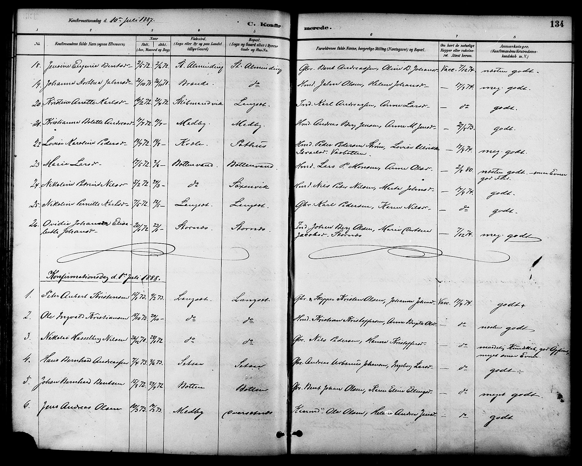 Ministerialprotokoller, klokkerbøker og fødselsregistre - Nordland, AV/SAT-A-1459/847/L0669: Parish register (official) no. 847A09, 1887-1901, p. 134