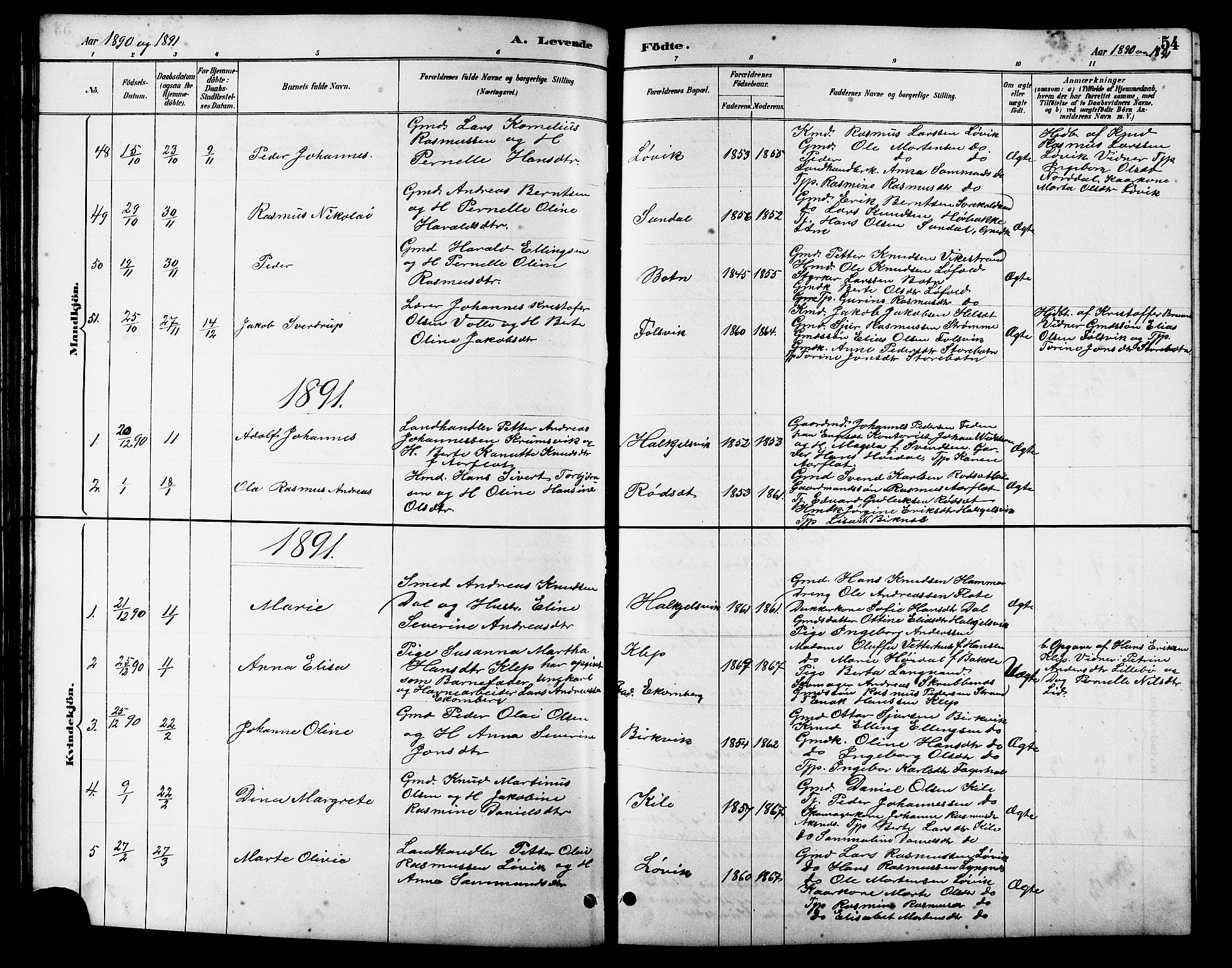 Ministerialprotokoller, klokkerbøker og fødselsregistre - Møre og Romsdal, SAT/A-1454/511/L0158: Parish register (copy) no. 511C04, 1884-1903, p. 54