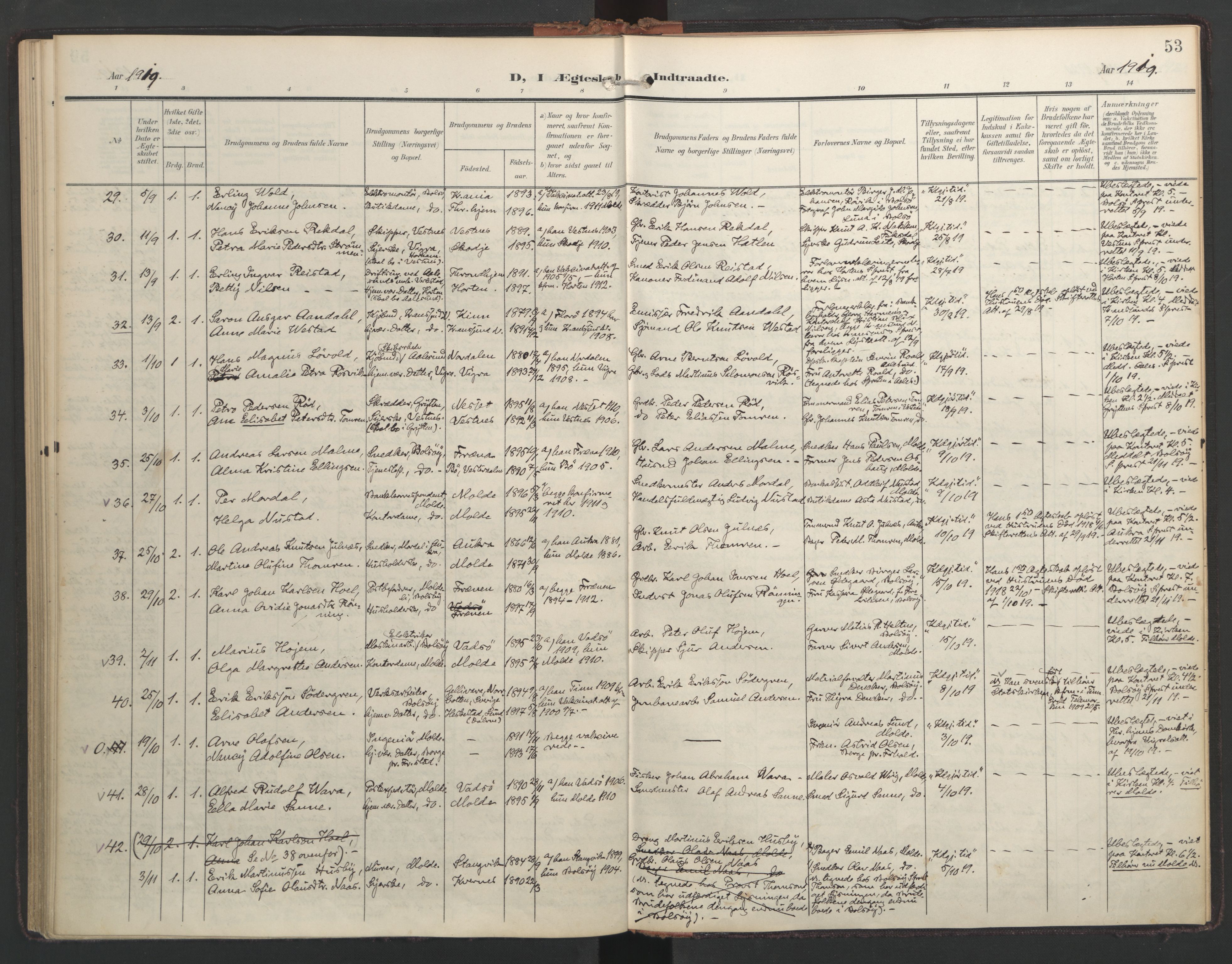 Ministerialprotokoller, klokkerbøker og fødselsregistre - Møre og Romsdal, SAT/A-1454/558/L0694: Parish register (official) no. 558A08, 1907-1922, p. 53