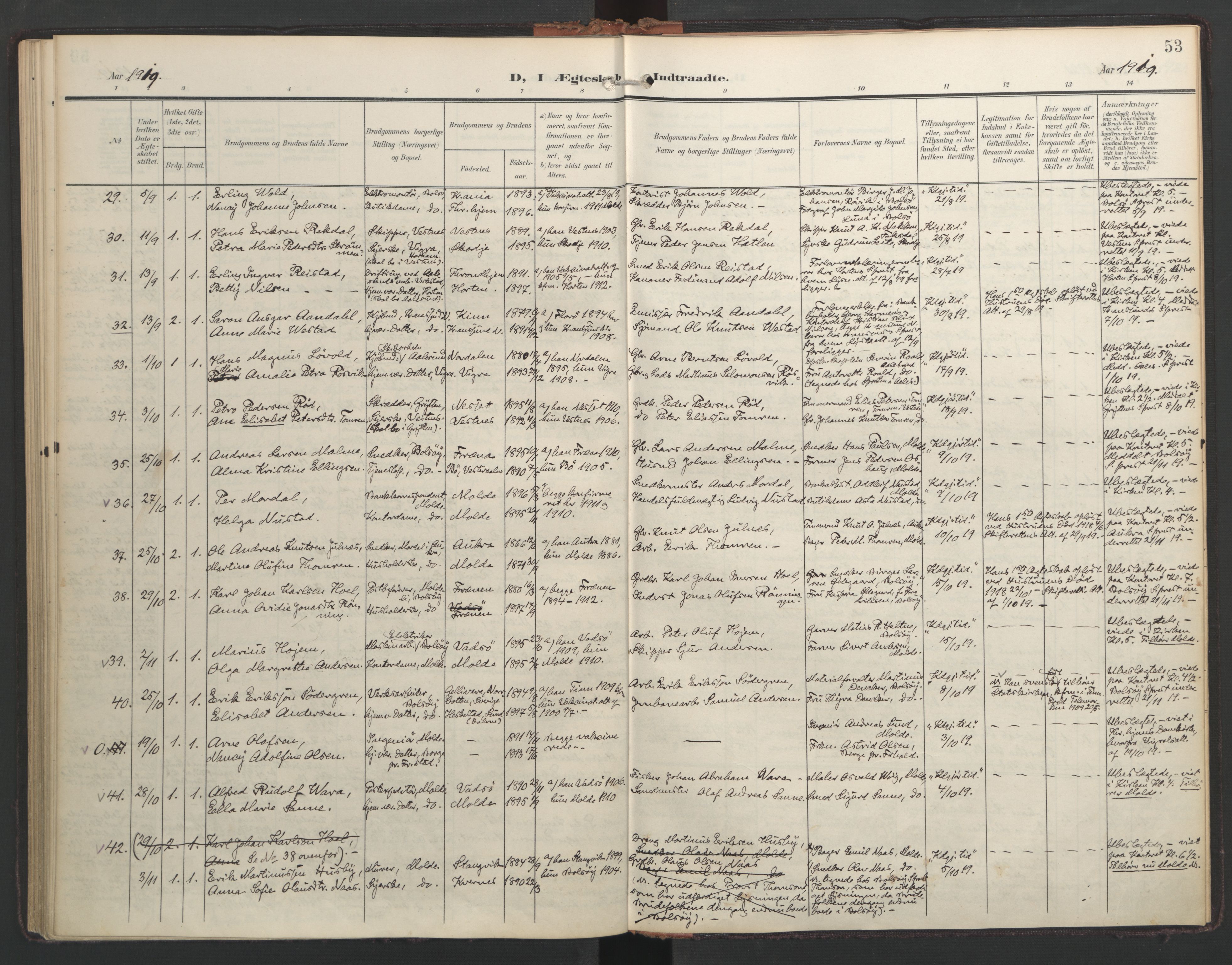 Ministerialprotokoller, klokkerbøker og fødselsregistre - Møre og Romsdal, AV/SAT-A-1454/558/L0694: Parish register (official) no. 558A08, 1907-1922, p. 53