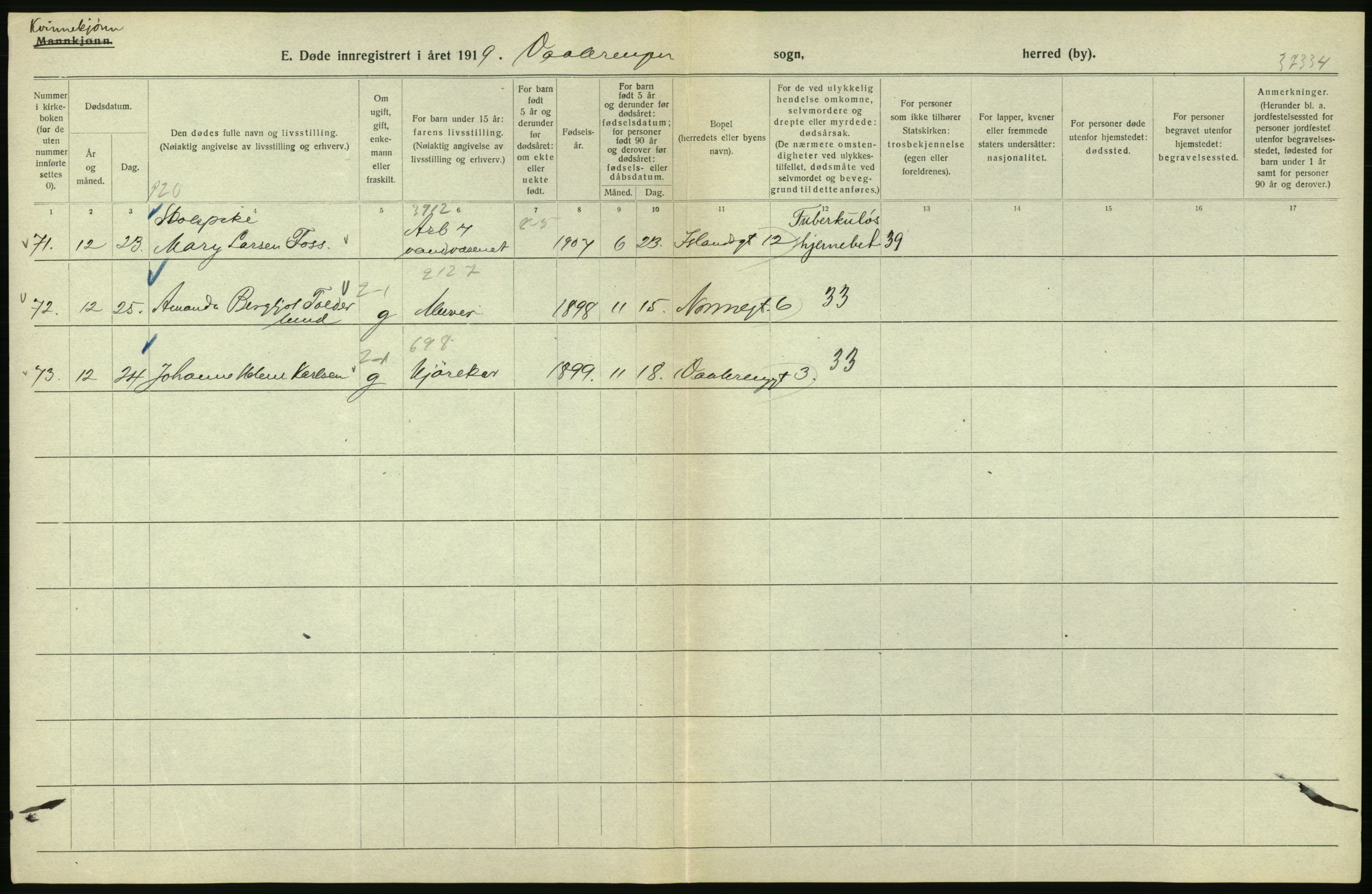 Statistisk sentralbyrå, Sosiodemografiske emner, Befolkning, AV/RA-S-2228/D/Df/Dfb/Dfbi/L0010: Kristiania: Døde, 1919, p. 428