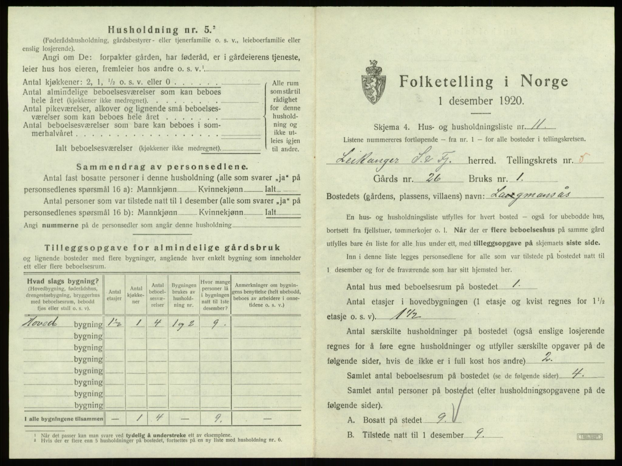 SAB, 1920 census for Leikanger, 1920, p. 542