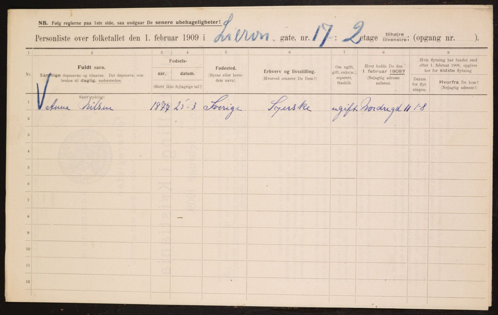 OBA, Municipal Census 1909 for Kristiania, 1909, p. 52487