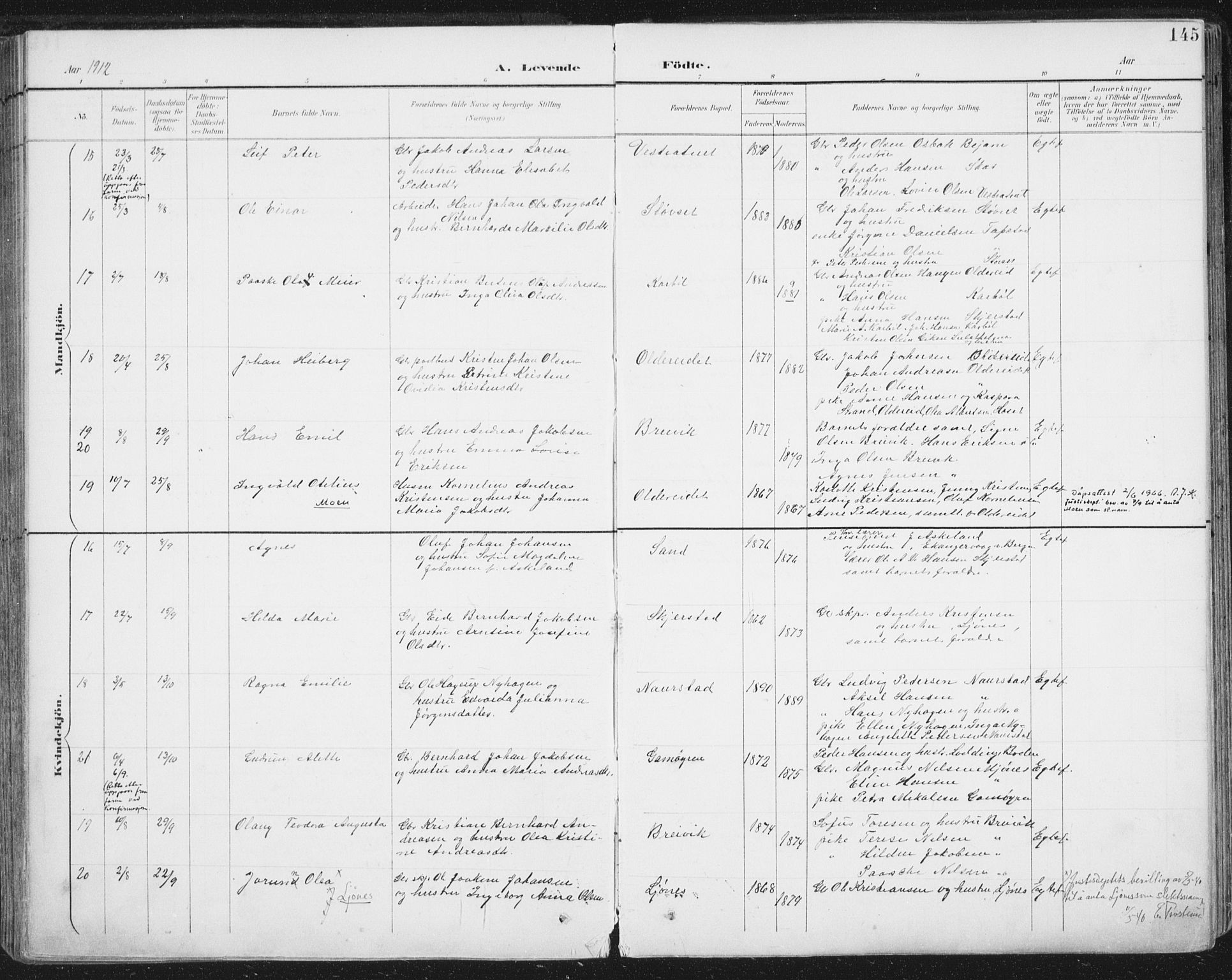 Ministerialprotokoller, klokkerbøker og fødselsregistre - Nordland, AV/SAT-A-1459/852/L0741: Parish register (official) no. 852A11, 1894-1917, p. 145