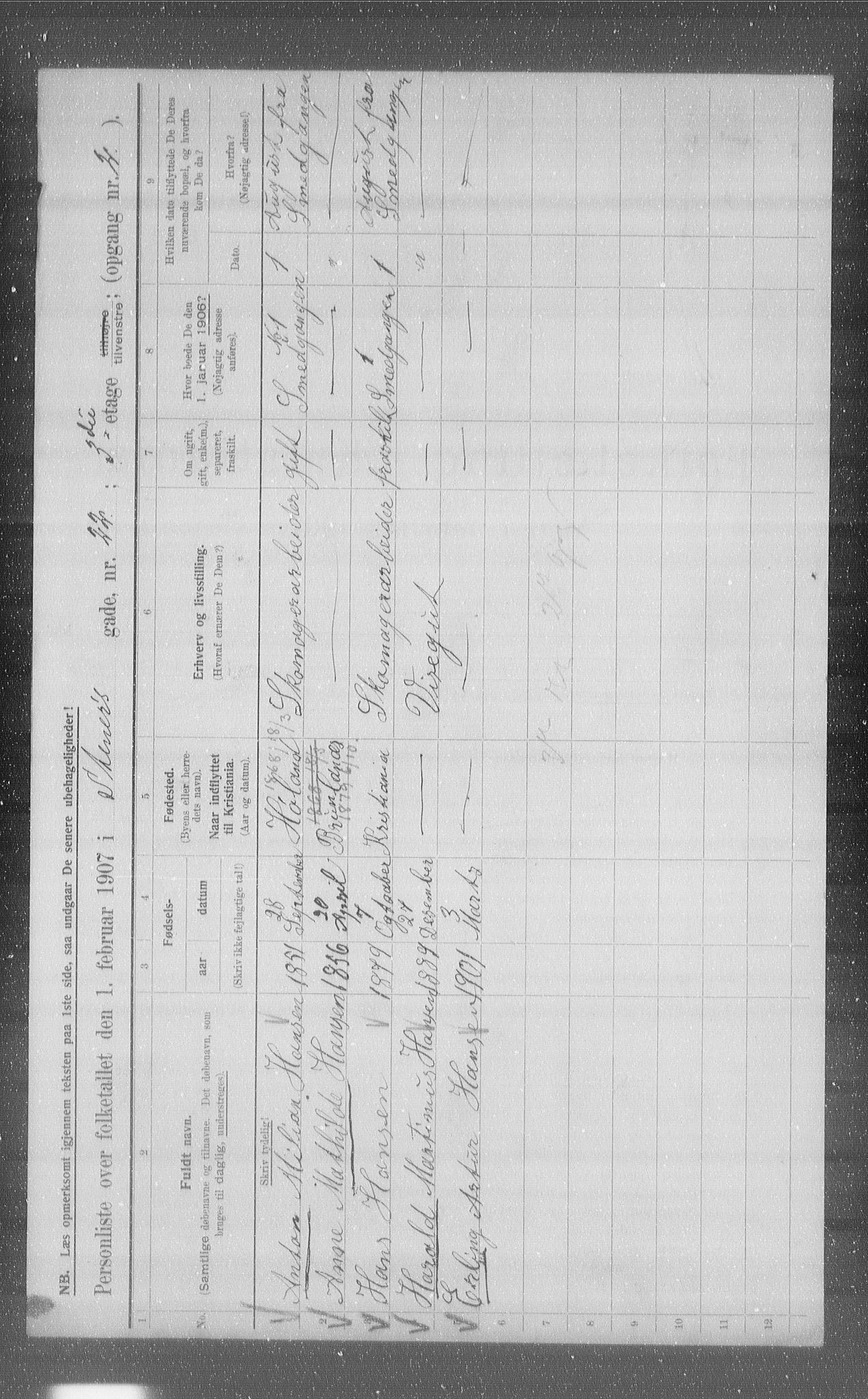 OBA, Municipal Census 1907 for Kristiania, 1907, p. 51695