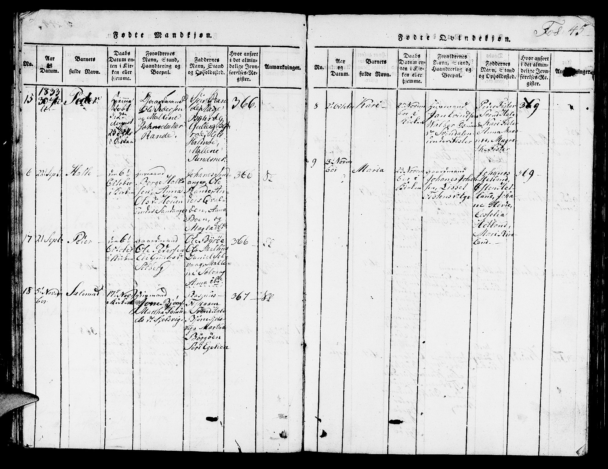 Hjelmeland sokneprestkontor, AV/SAST-A-101843/01/V/L0003: Parish register (copy) no. B 3, 1816-1841, p. 45