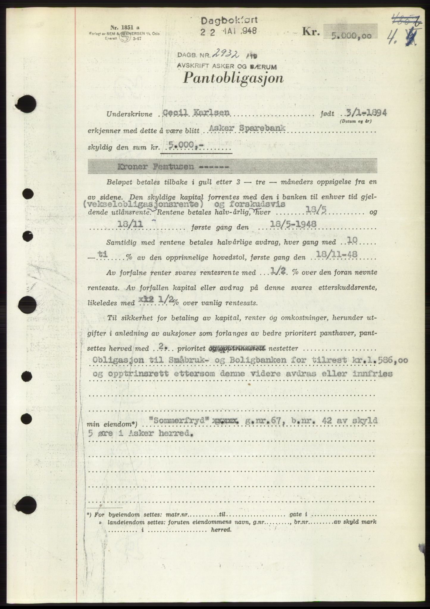 Asker og Bærum sorenskriveri, AV/SAO-A-10379a/G/Gb/Gbb/L0002: Mortgage book no. B87, 1948-1948, Diary no: : 2932/1948