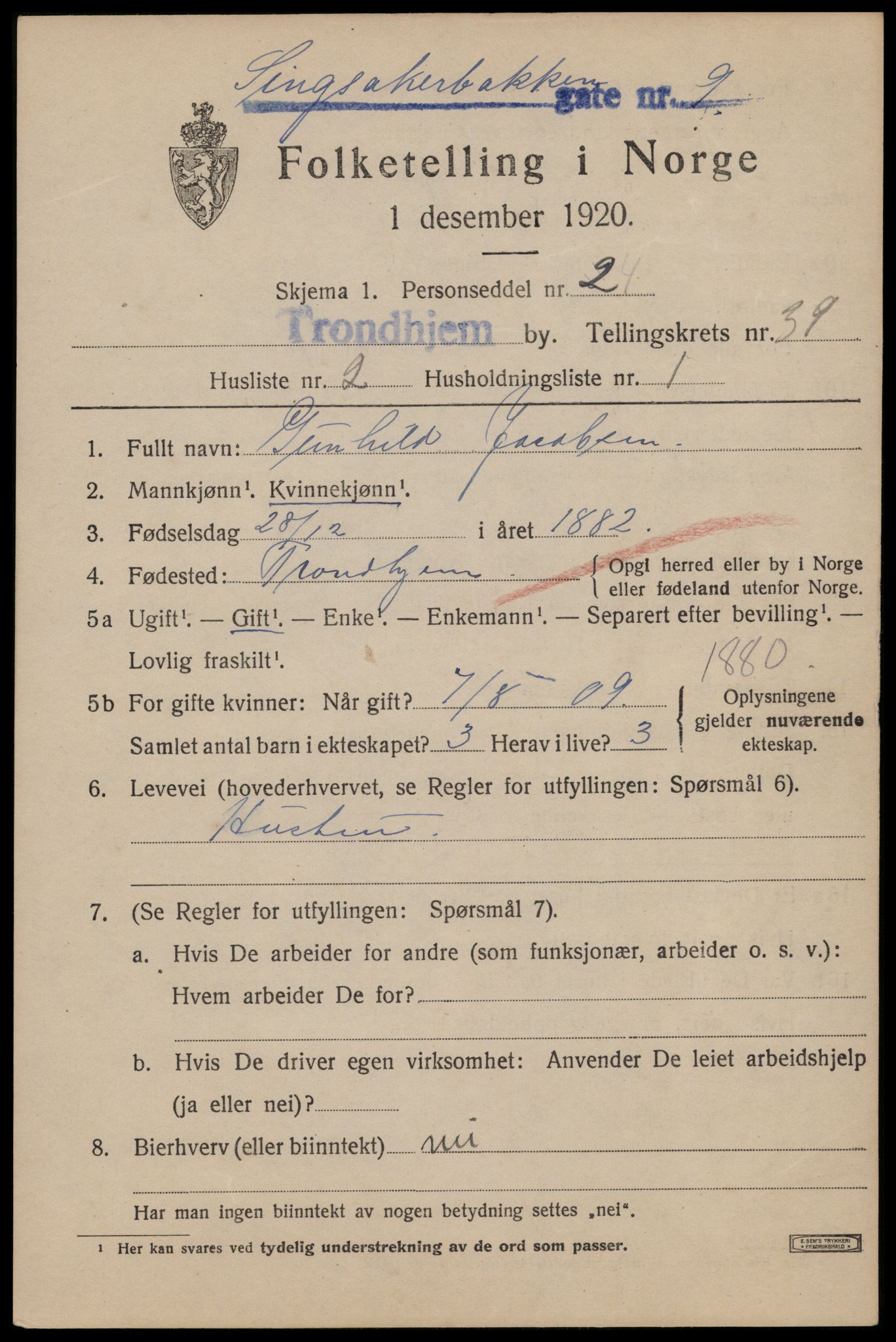 SAT, 1920 census for Trondheim, 1920, p. 87840