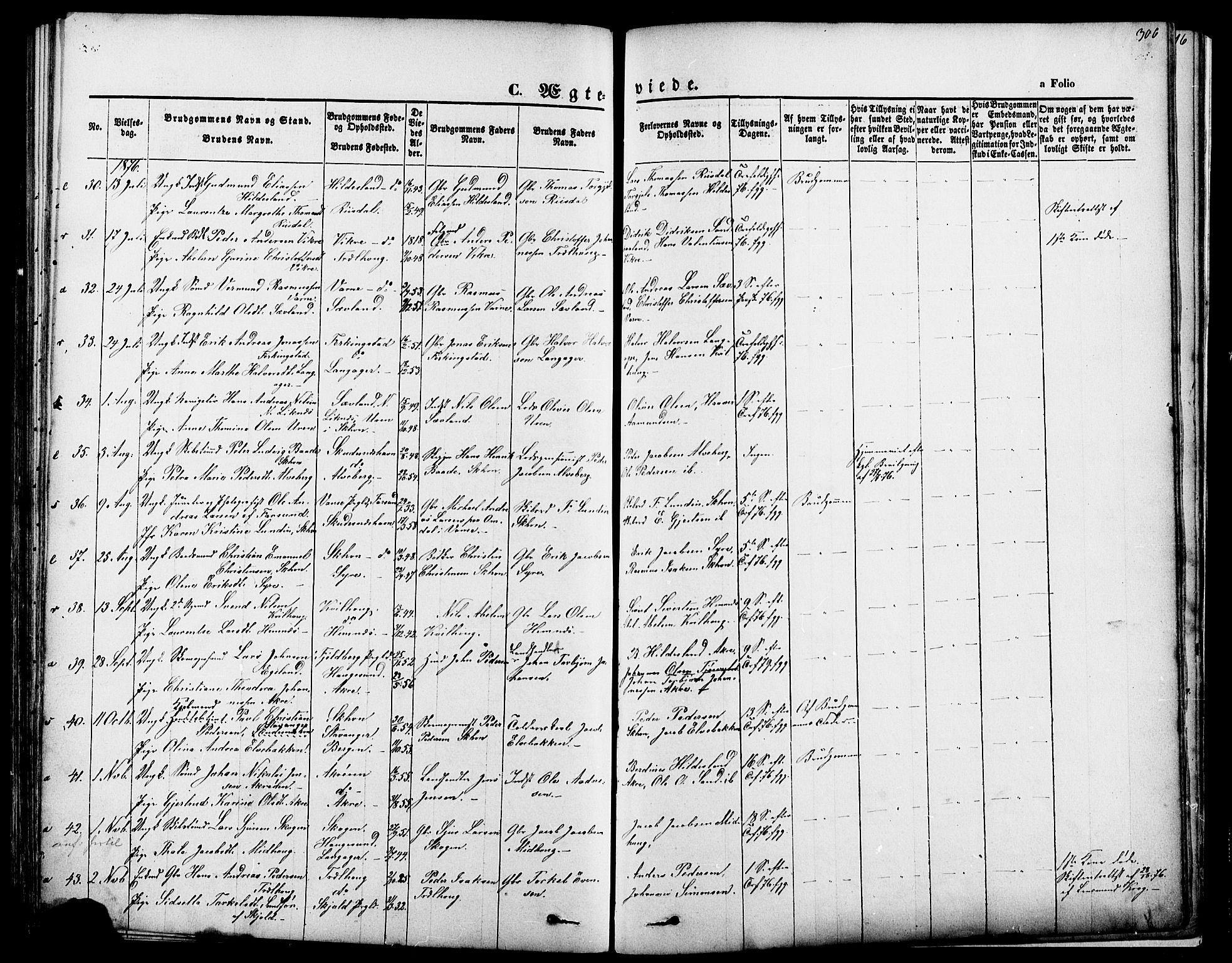 Skudenes sokneprestkontor, SAST/A -101849/H/Ha/Haa/L0006: Parish register (official) no. A 4, 1864-1881, p. 306