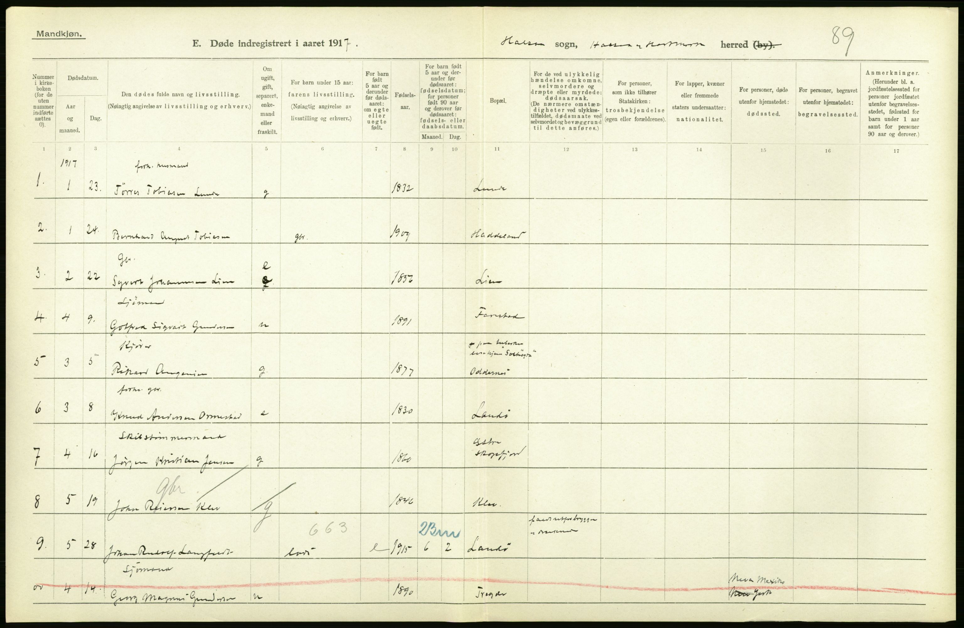 Statistisk sentralbyrå, Sosiodemografiske emner, Befolkning, AV/RA-S-2228/D/Df/Dfb/Dfbg/L0030: Lister og Mandals amt: Gifte, døde, dødfødte. Bygder og byer., 1917, p. 32