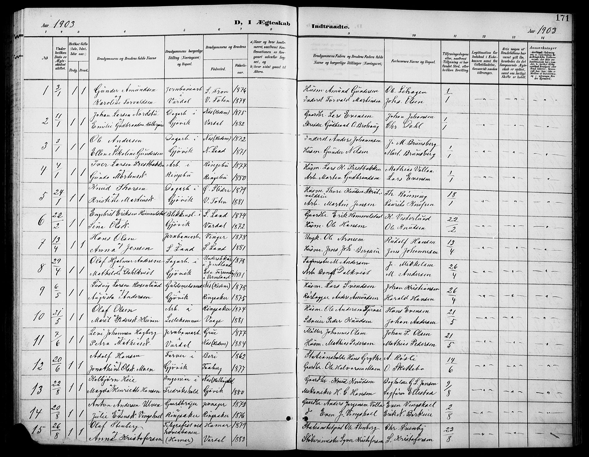 Vardal prestekontor, SAH/PREST-100/H/Ha/Hab/L0012: Parish register (copy) no. 12, 1902-1911, p. 171