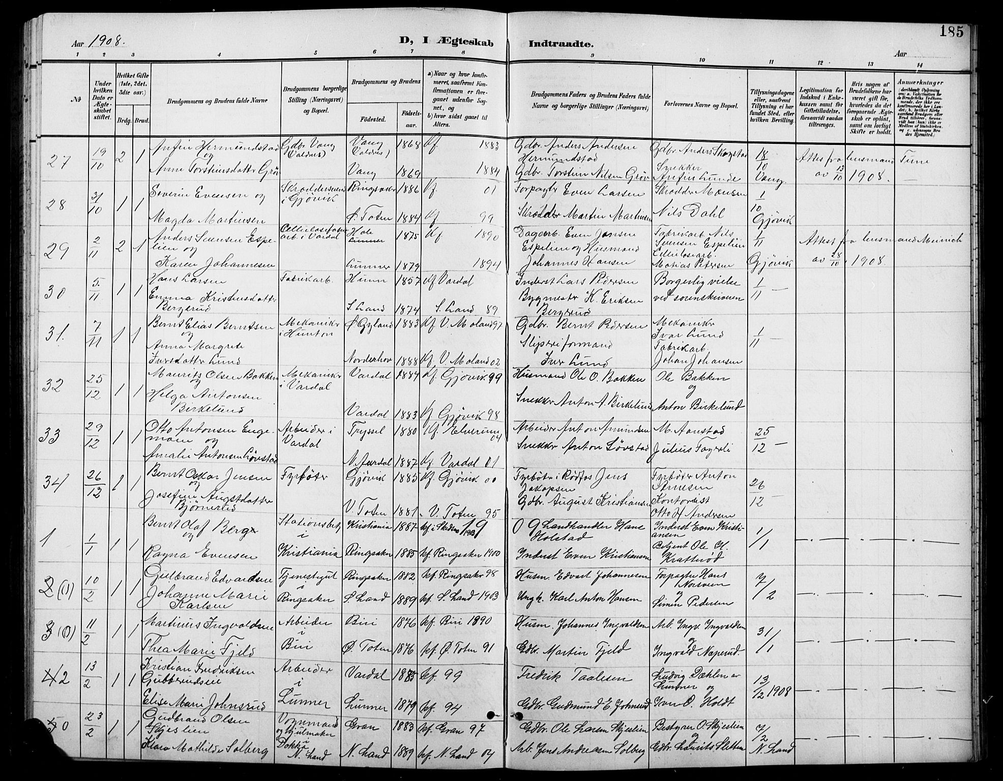 Vardal prestekontor, SAH/PREST-100/H/Ha/Hab/L0012: Parish register (copy) no. 12, 1902-1911, p. 185
