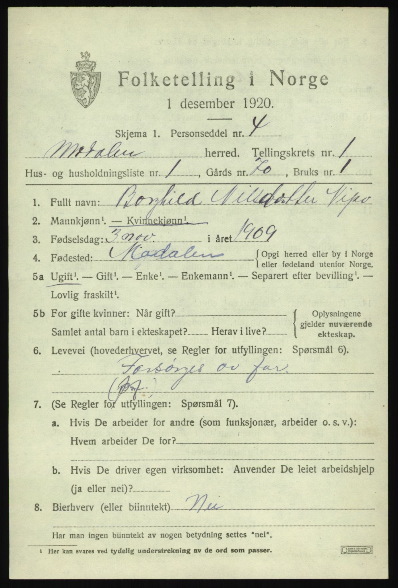 SAB, 1920 census for Modalen, 1920, p. 270