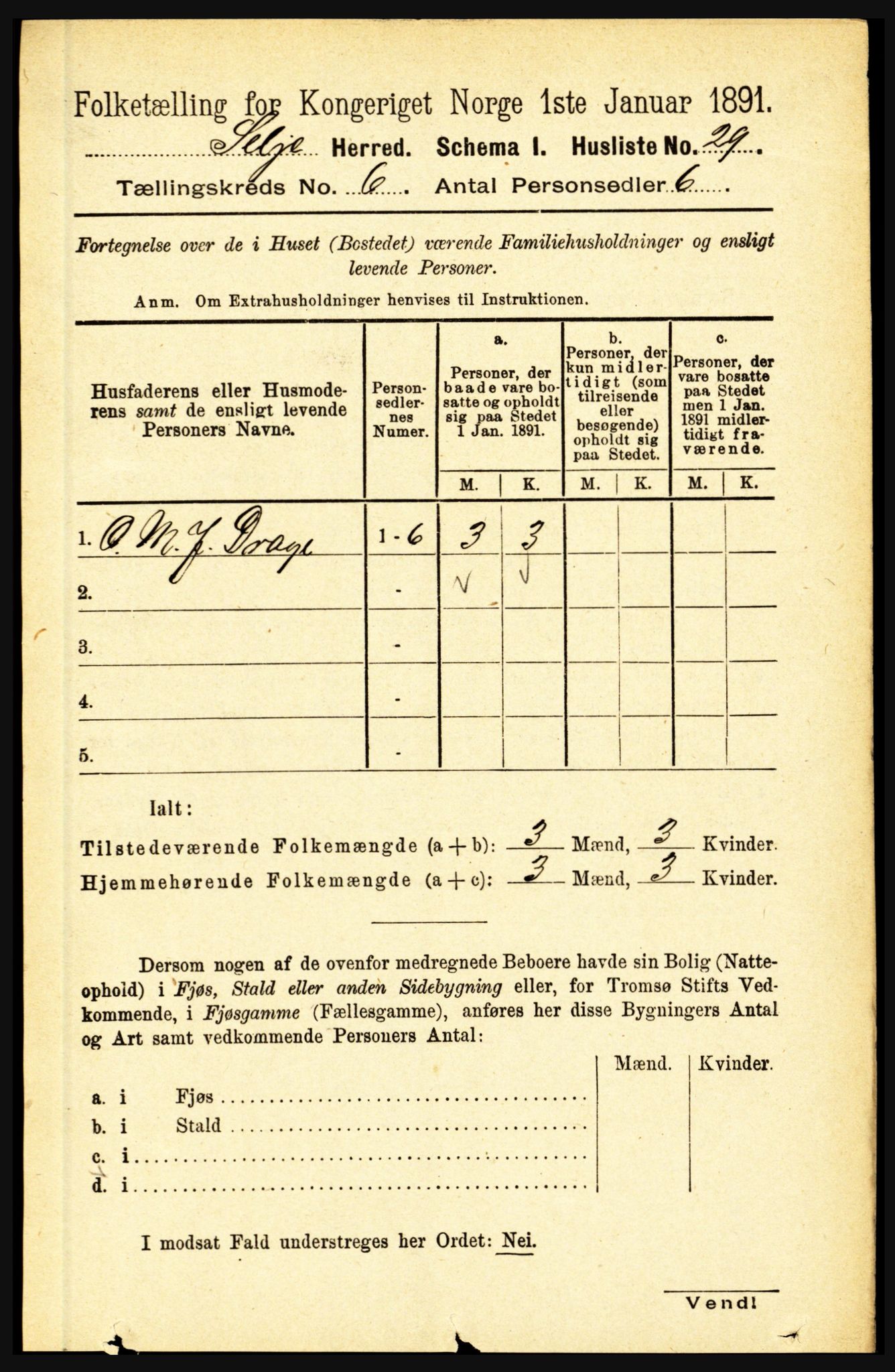 RA, 1891 census for 1441 Selje, 1891, p. 1645