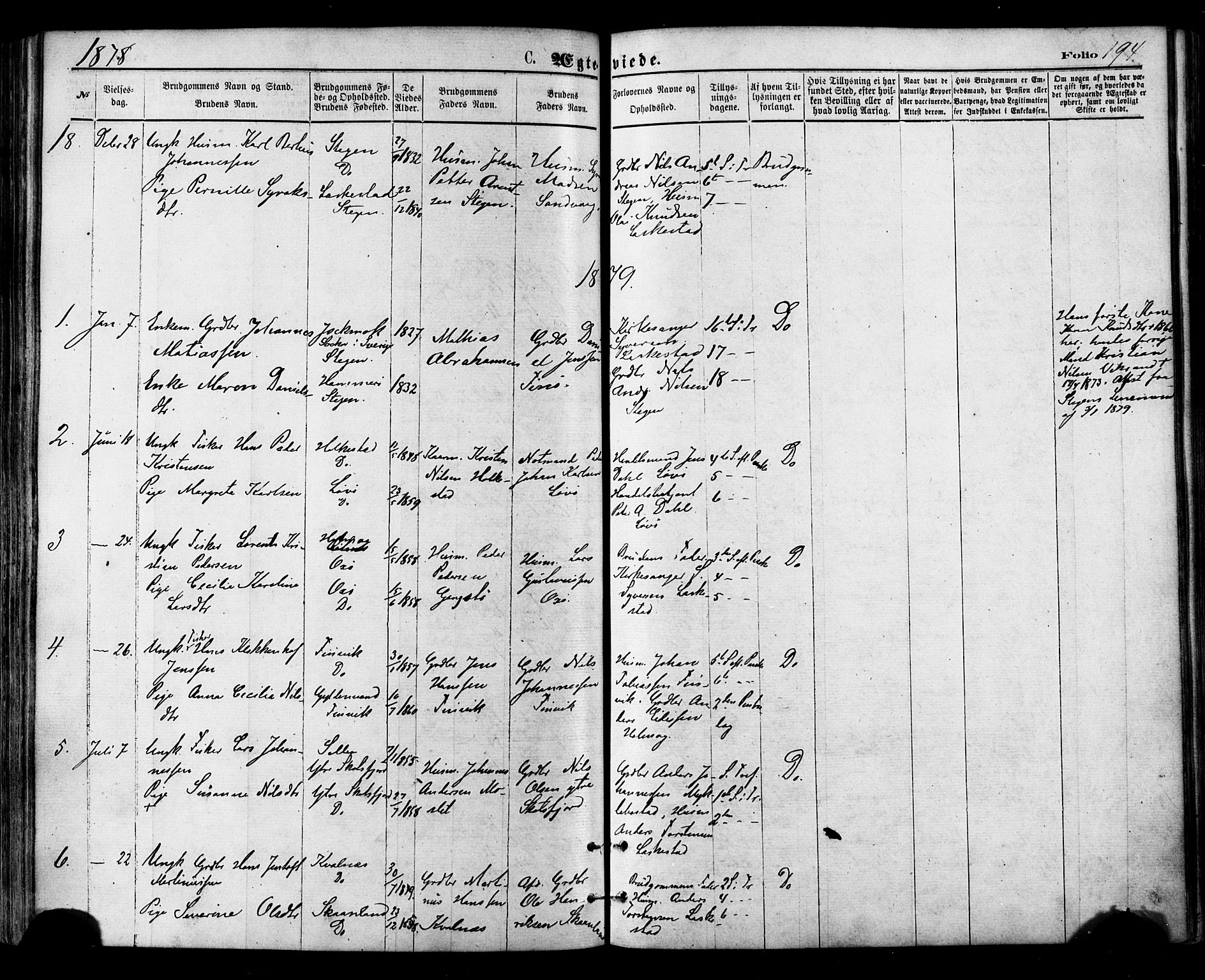 Ministerialprotokoller, klokkerbøker og fødselsregistre - Nordland, AV/SAT-A-1459/855/L0802: Parish register (official) no. 855A10, 1875-1886, p. 194