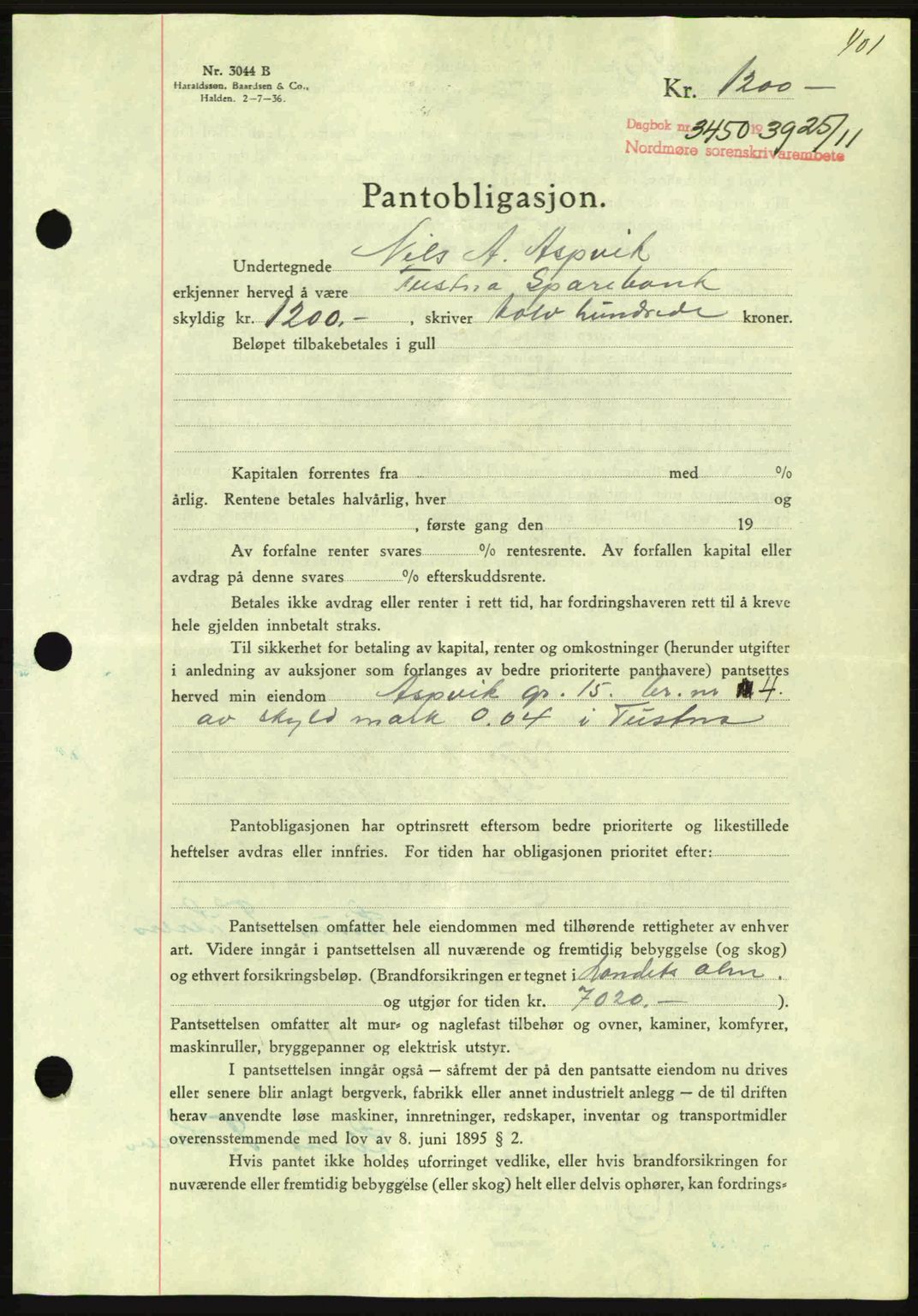 Nordmøre sorenskriveri, AV/SAT-A-4132/1/2/2Ca: Mortgage book no. B86, 1939-1940, Diary no: : 3450/1939