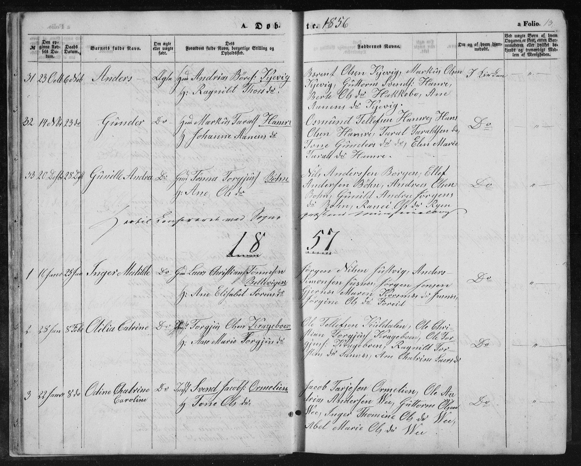 Tveit sokneprestkontor, AV/SAK-1111-0043/F/Fb/L0003: Parish register (copy) no. B 3, 1854-1886, p. 13