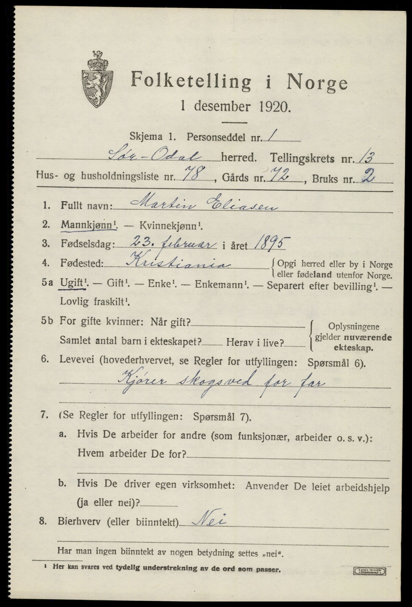 SAH, 1920 census for Sør-Odal, 1920, p. 13911