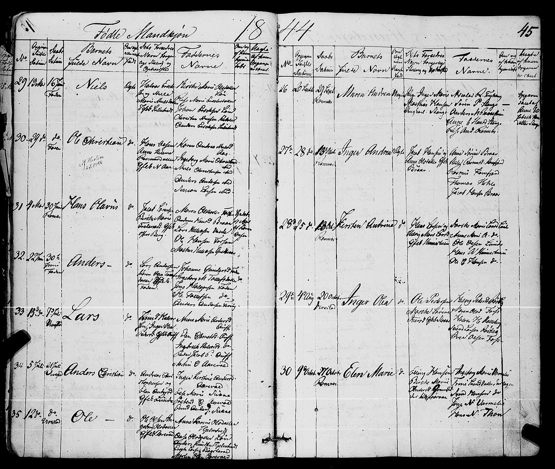 Ramnes kirkebøker, AV/SAKO-A-314/F/Fa/L0005: Parish register (official) no. I 5, 1841-1861, p. 44-45