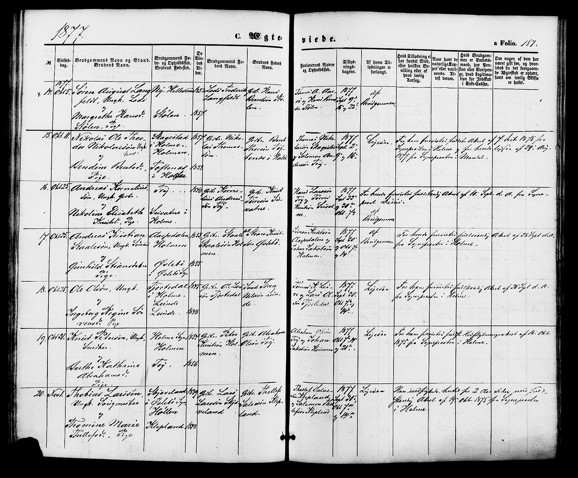 Søgne sokneprestkontor, SAK/1111-0037/F/Fa/Fab/L0011: Parish register (official) no. A 11, 1869-1879, p. 187