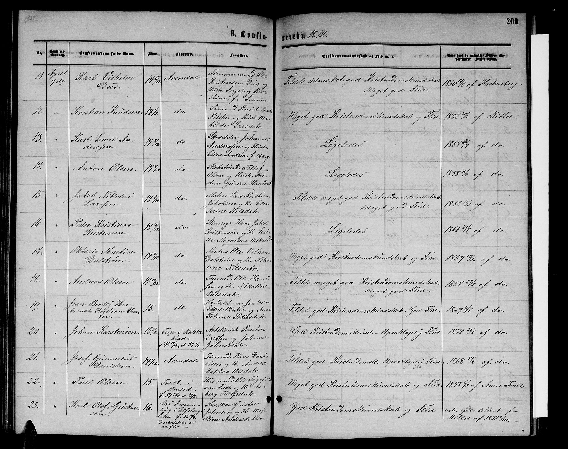 Arendal sokneprestkontor, Trefoldighet, AV/SAK-1111-0040/F/Fb/L0004: Parish register (copy) no. B 4, 1861-1873, p. 206