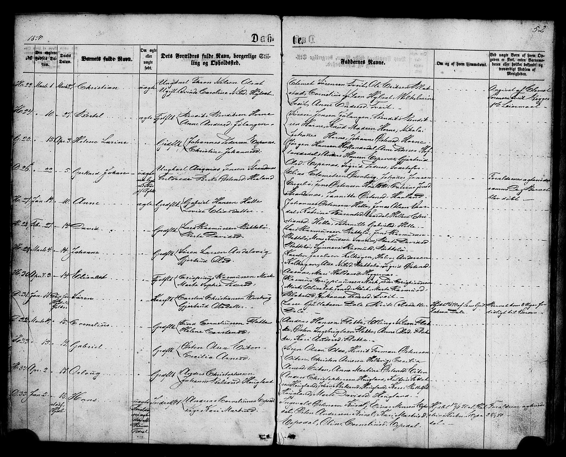 Fjaler sokneprestembete, AV/SAB-A-79801/H/Haa/Haaa/L0007: Parish register (official) no. A 7, 1862-1881, p. 52