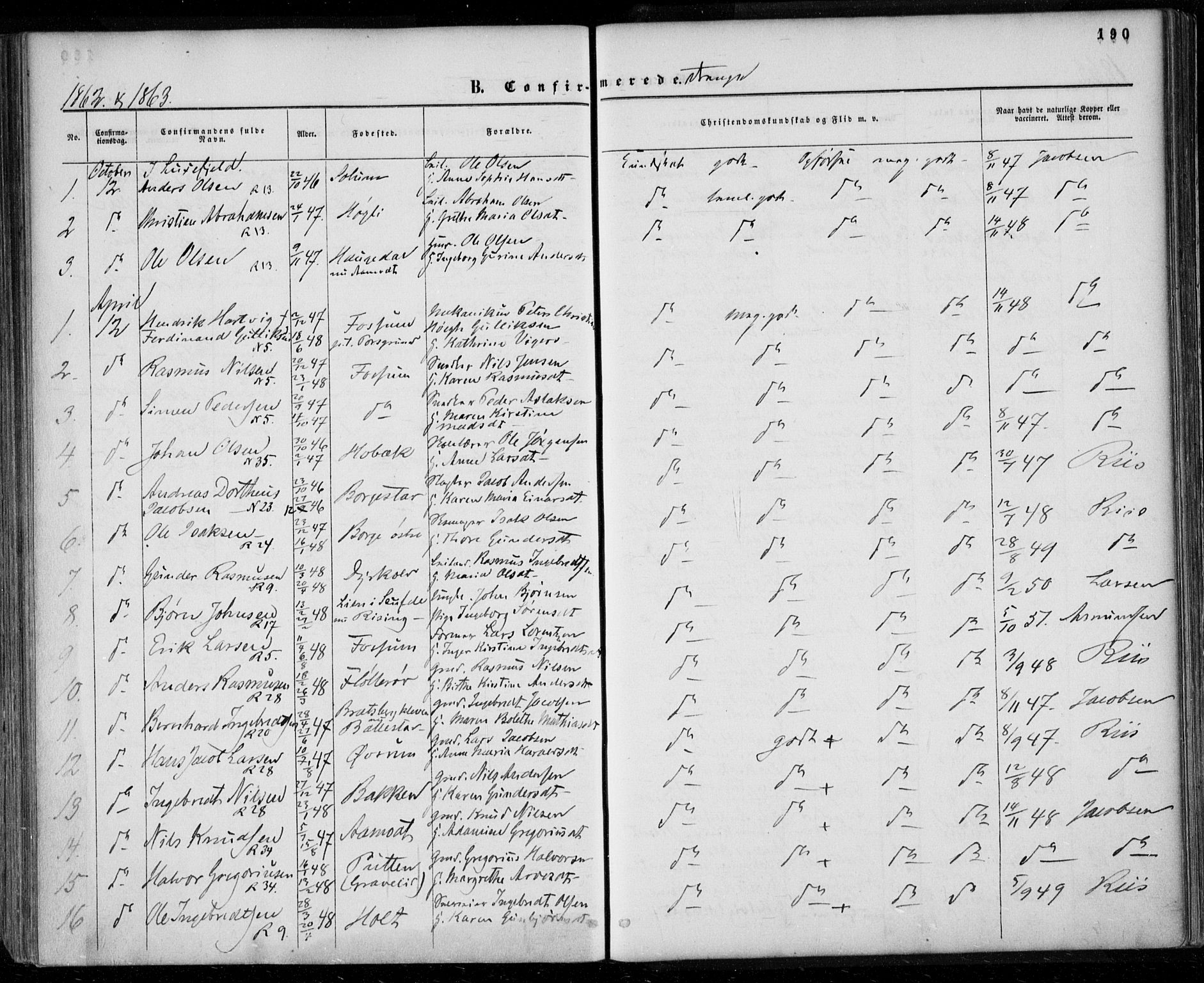 Gjerpen kirkebøker, SAKO/A-265/F/Fa/L0008a: Parish register (official) no. I 8A, 1857-1871, p. 190
