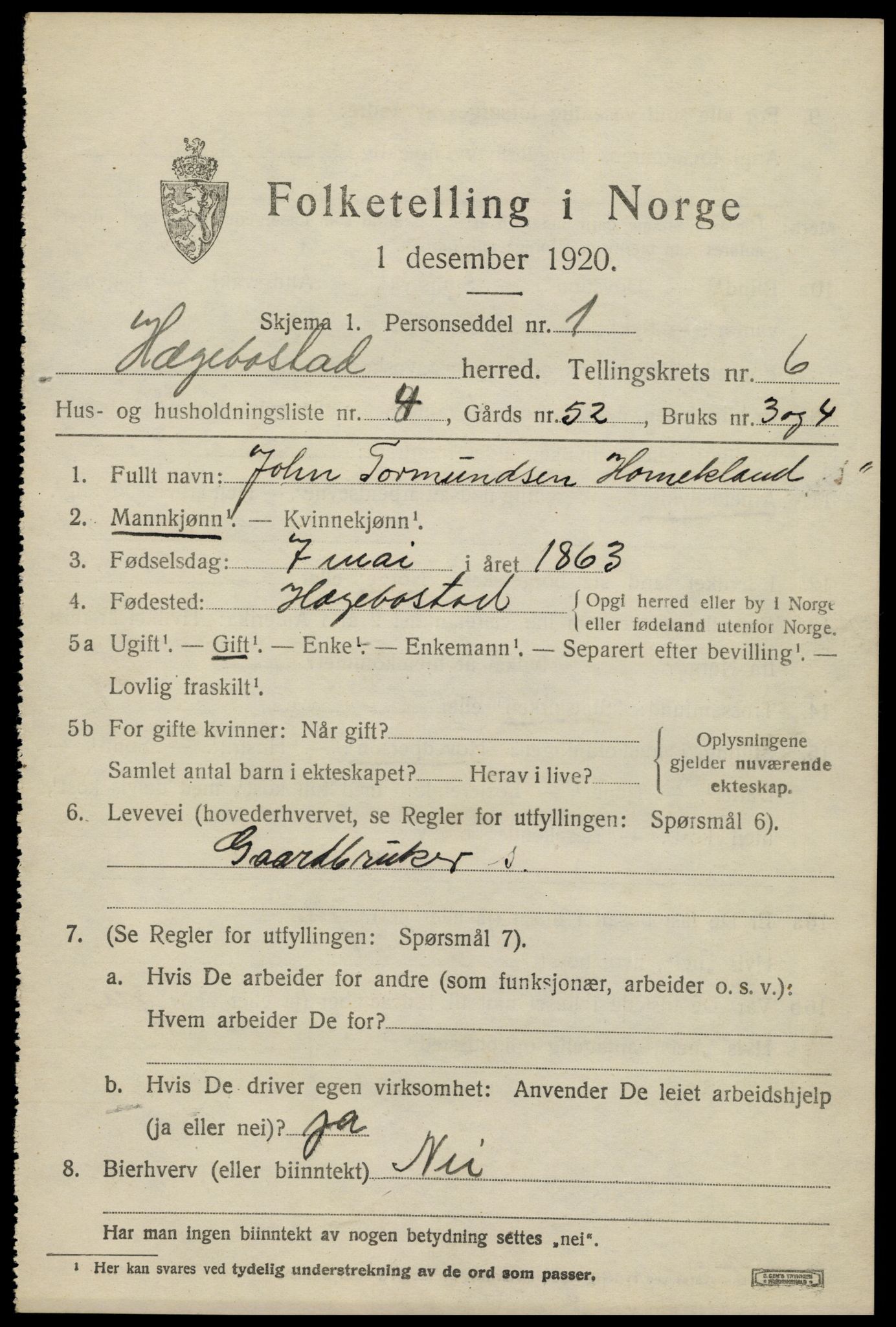 SAK, 1920 census for Hægebostad, 1920, p. 2015
