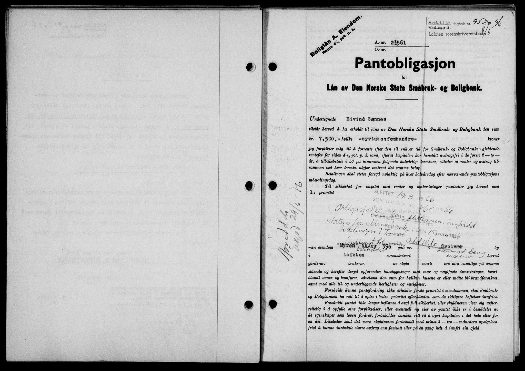 Lofoten sorenskriveri, SAT/A-0017/1/2/2C/L0033b: Mortgage book no. 33b, 1936-1936, Diary no: : 952/1936