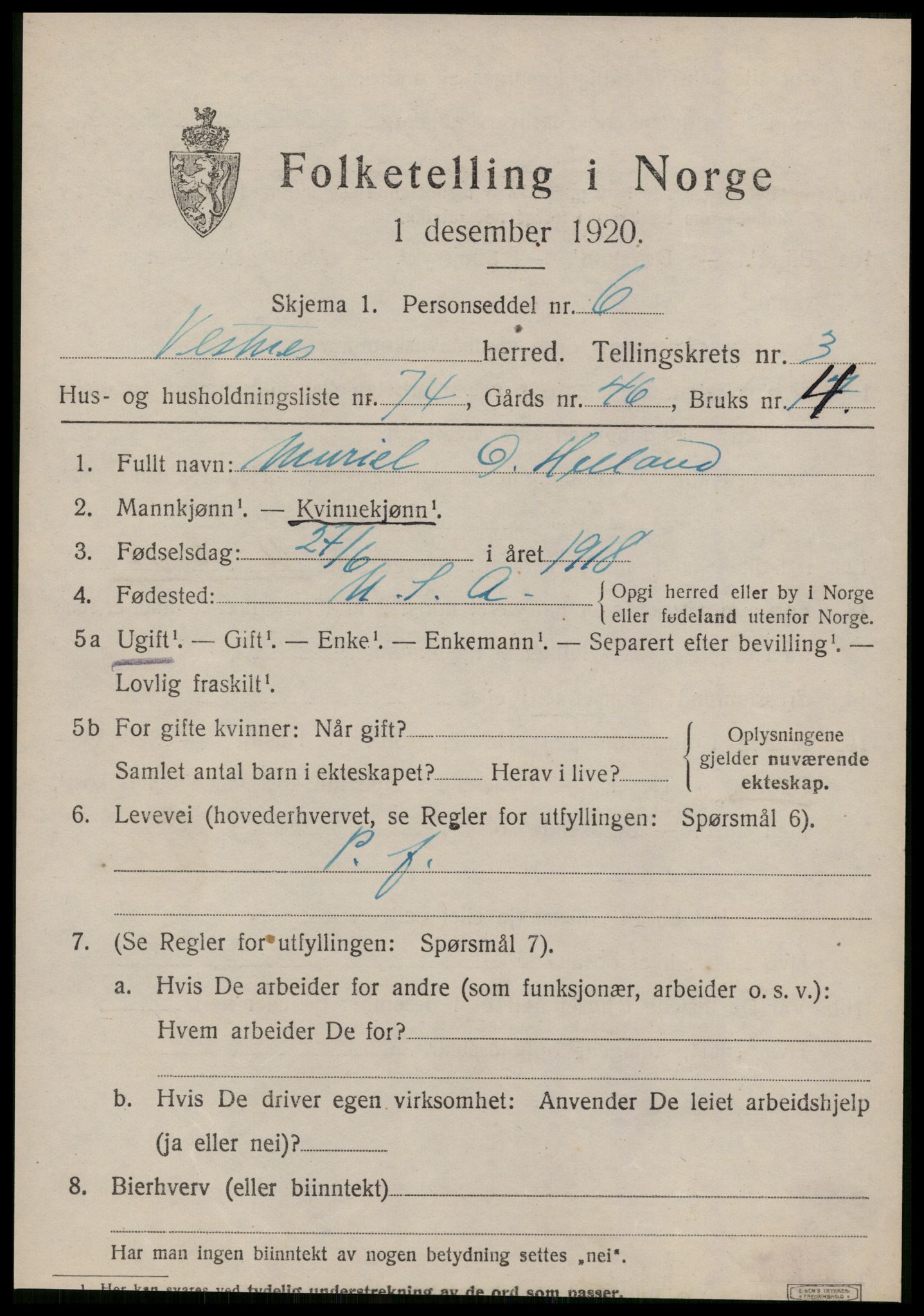 SAT, 1920 census for Vestnes, 1920, p. 3395