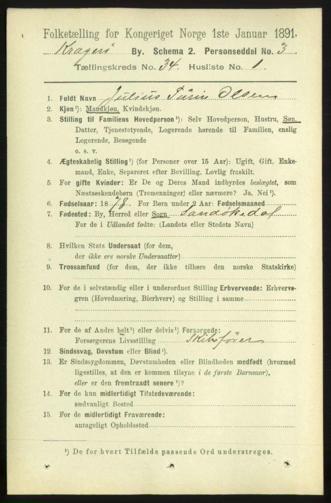 RA, 1891 census for 0801 Kragerø, 1891, p. 6088