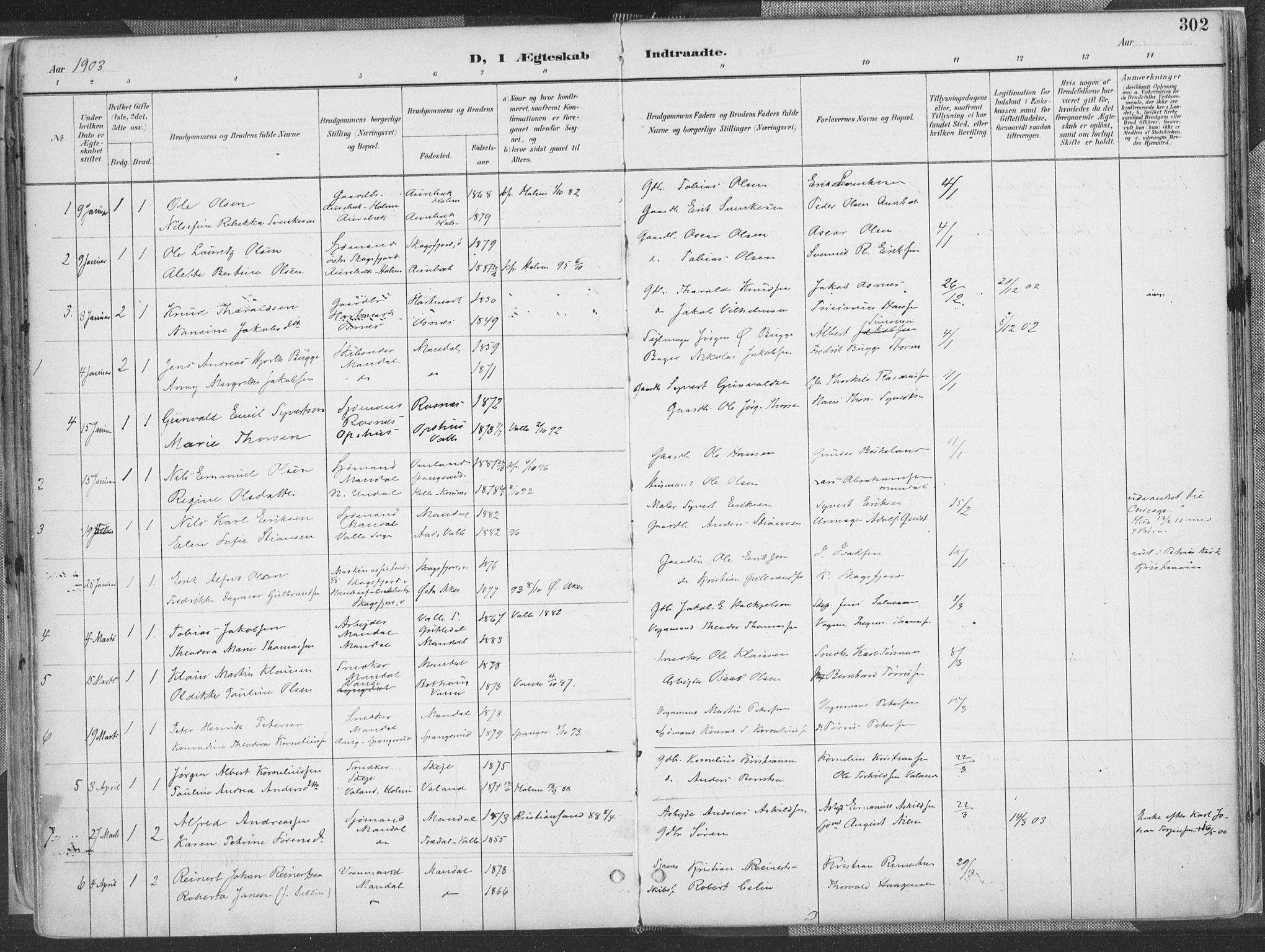 Mandal sokneprestkontor, SAK/1111-0030/F/Fa/Faa/L0018: Parish register (official) no. A 18, 1890-1905, p. 302