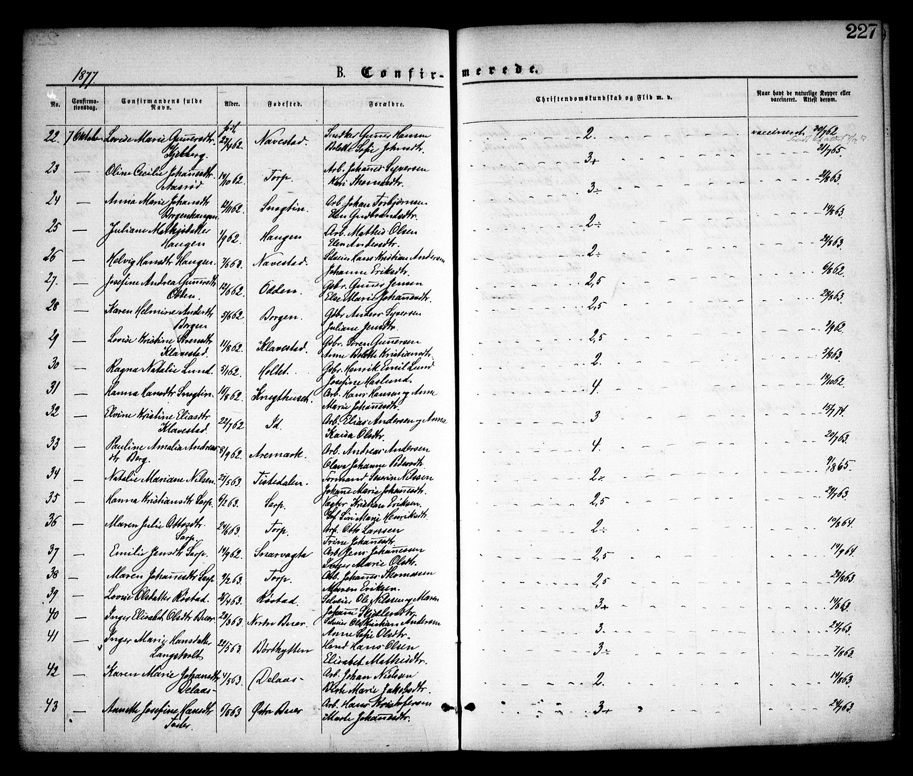 Skjeberg prestekontor Kirkebøker, AV/SAO-A-10923/F/Fa/L0008: Parish register (official) no. I 8, 1869-1885, p. 227