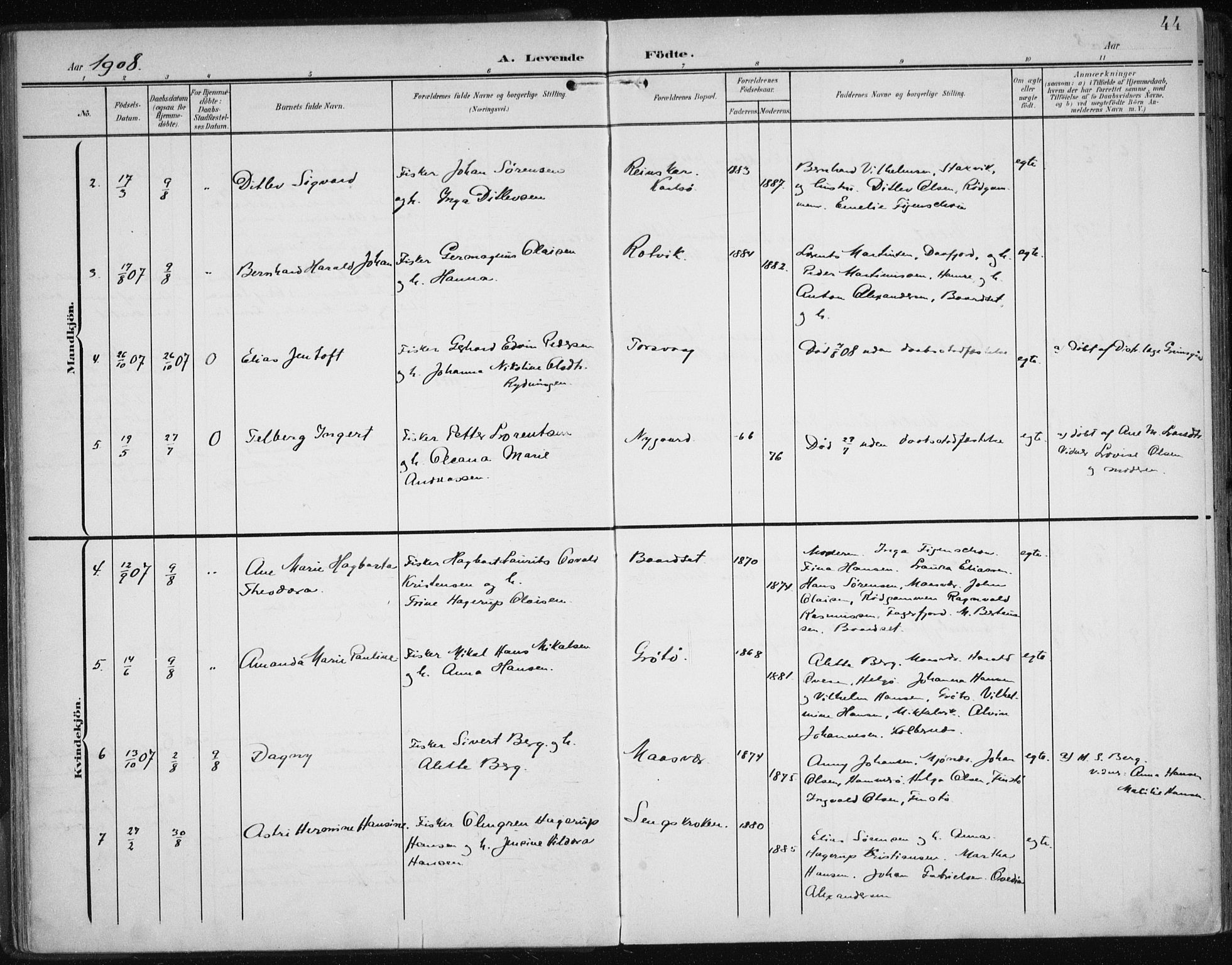 Karlsøy sokneprestembete, AV/SATØ-S-1299/H/Ha/Haa/L0013kirke: Parish register (official) no. 13, 1902-1916, p. 44